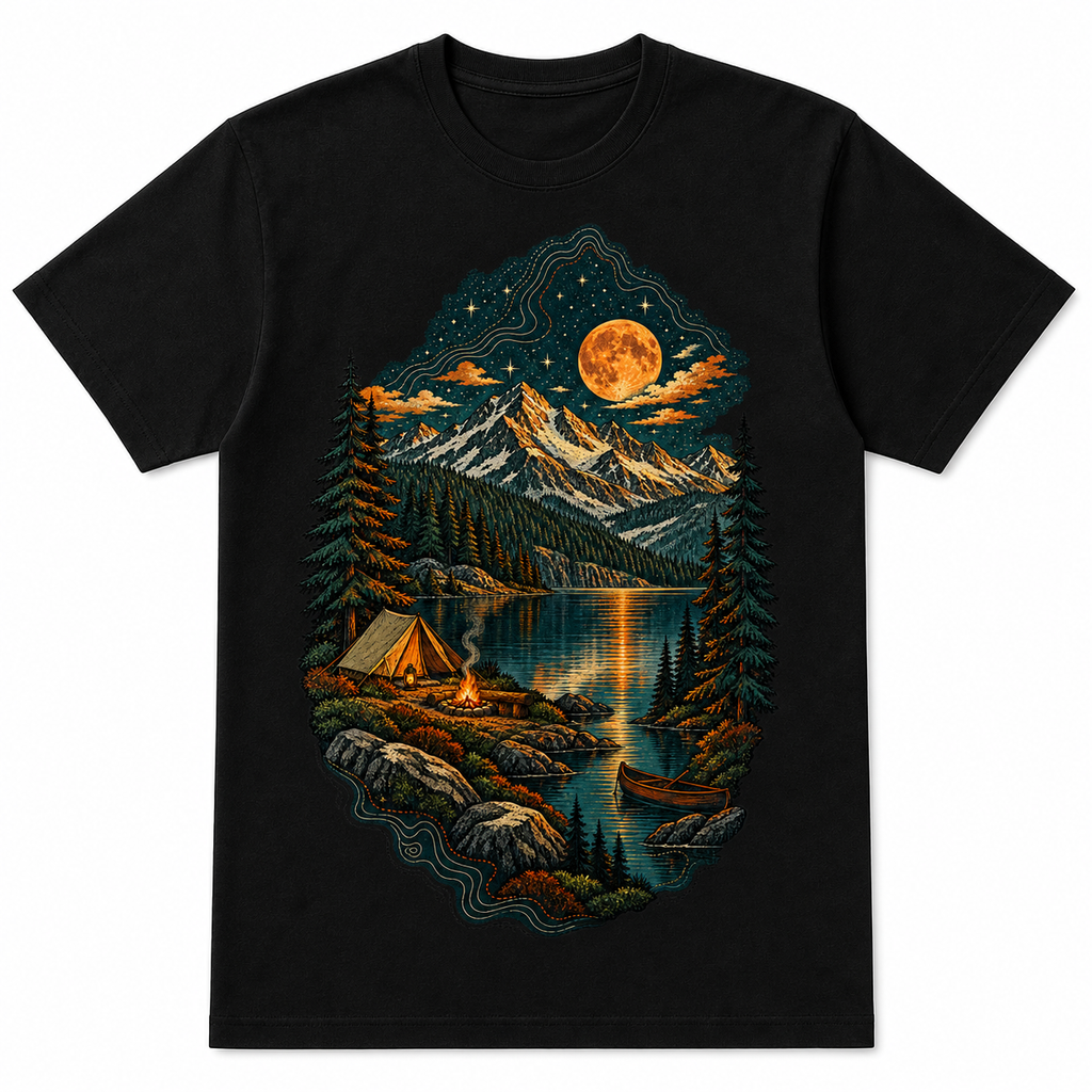Men's black alpine camp graphic T-shirt — white background flat lay