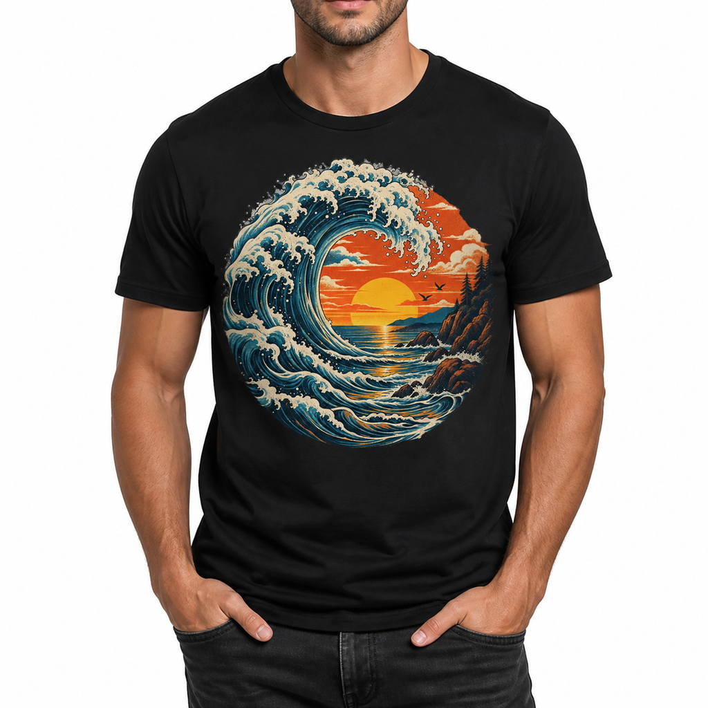Men's retro ocean wave graphic T-shirt — front model view