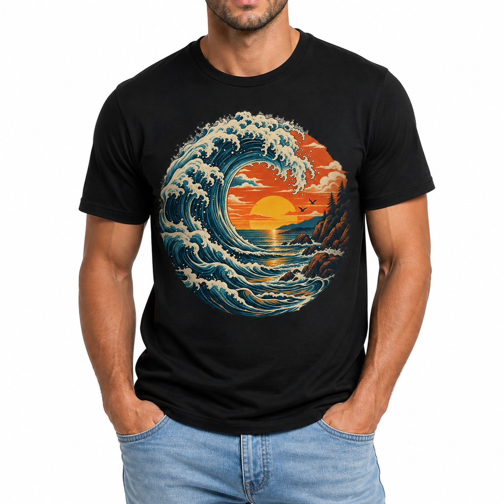 Men's ocean wave graphic T-shirt styled with light blue jeans