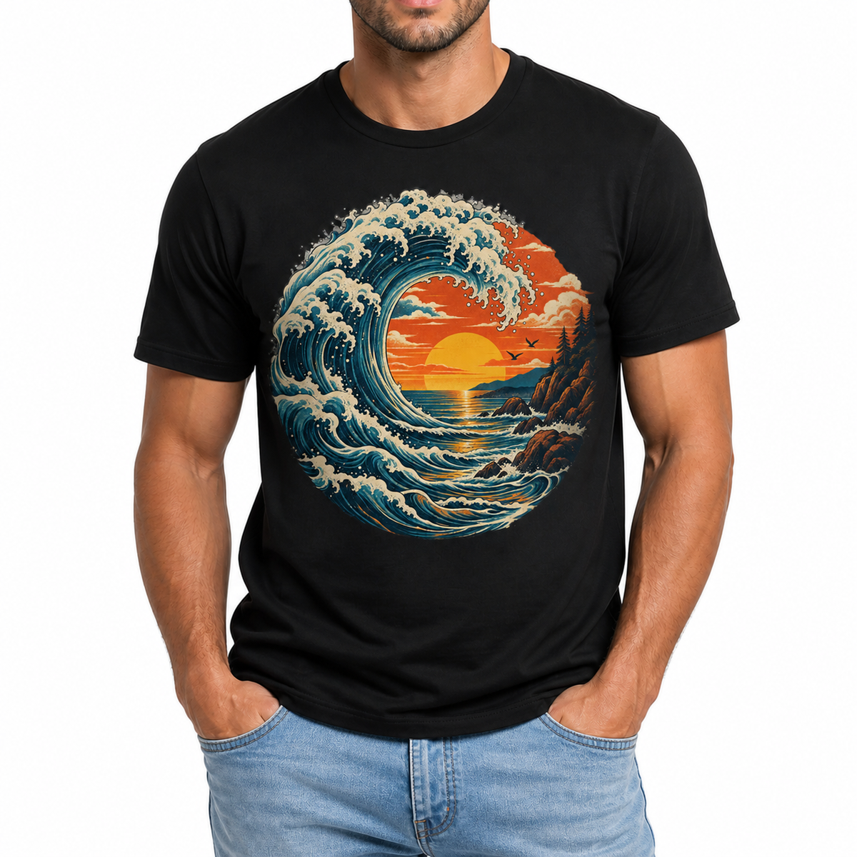 Men's ocean wave graphic T-shirt styled with light blue jeans
