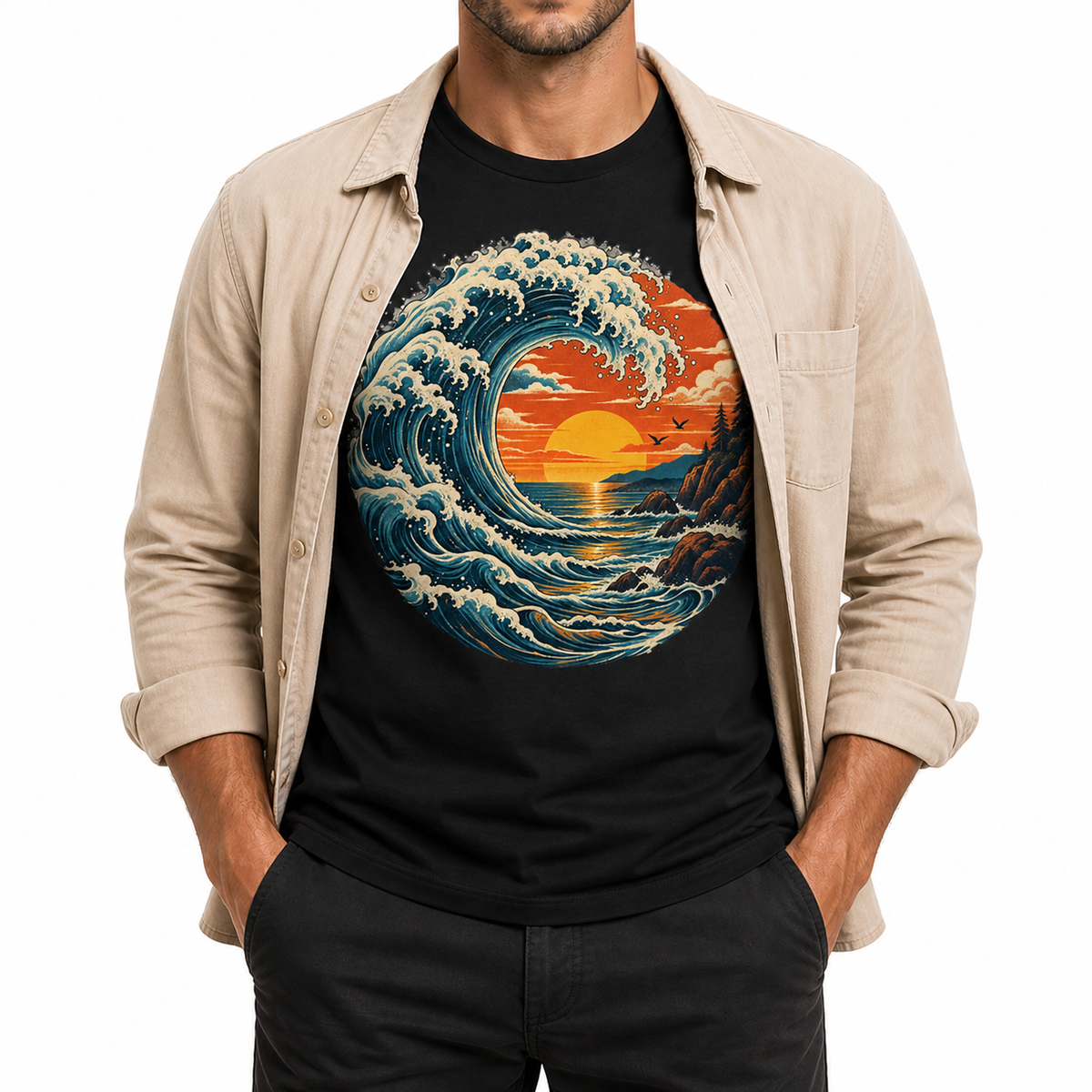 Men's ocean wave graphic T-shirt layered with a beige overshirt