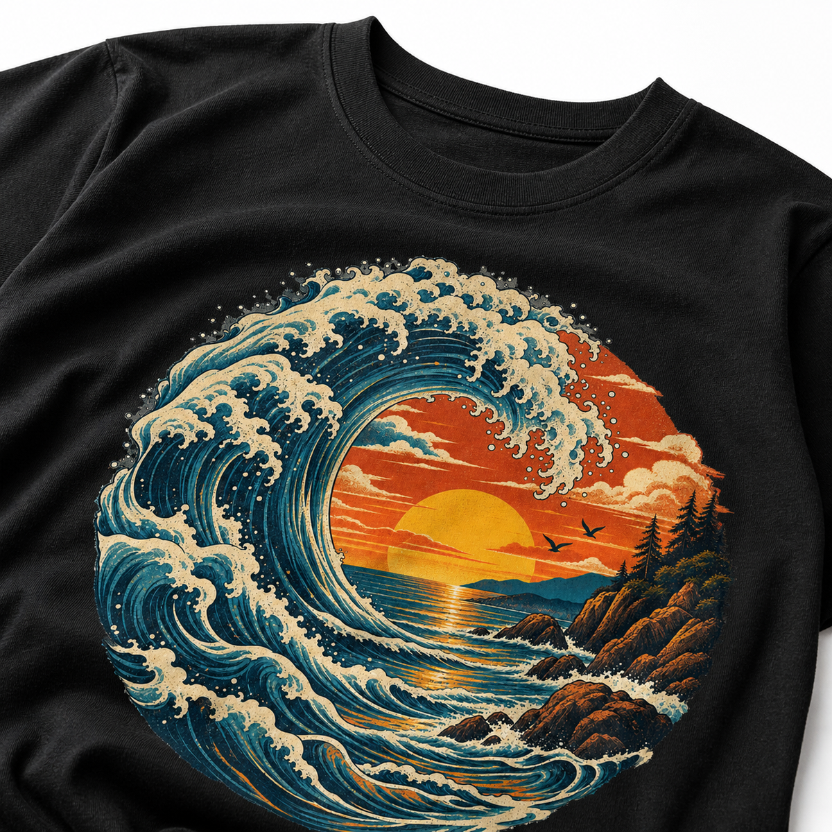 Original retro ocean wave and sunset print detail