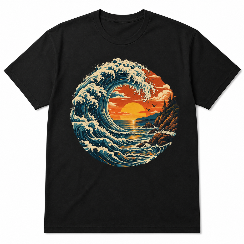 Men's black ocean wave graphic T-shirt — white background flat lay