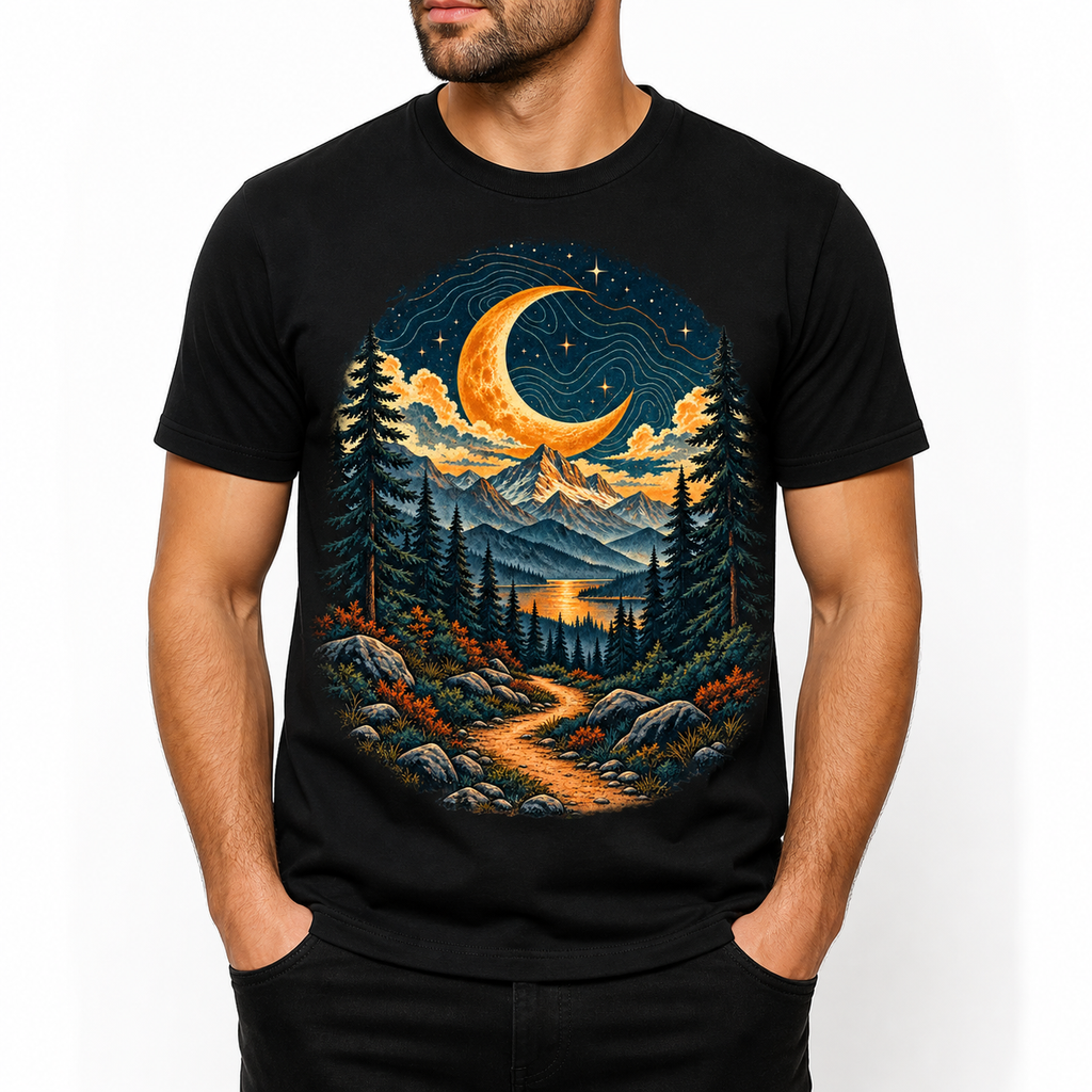 Men's forest moon trail graphic T-shirt — front model view