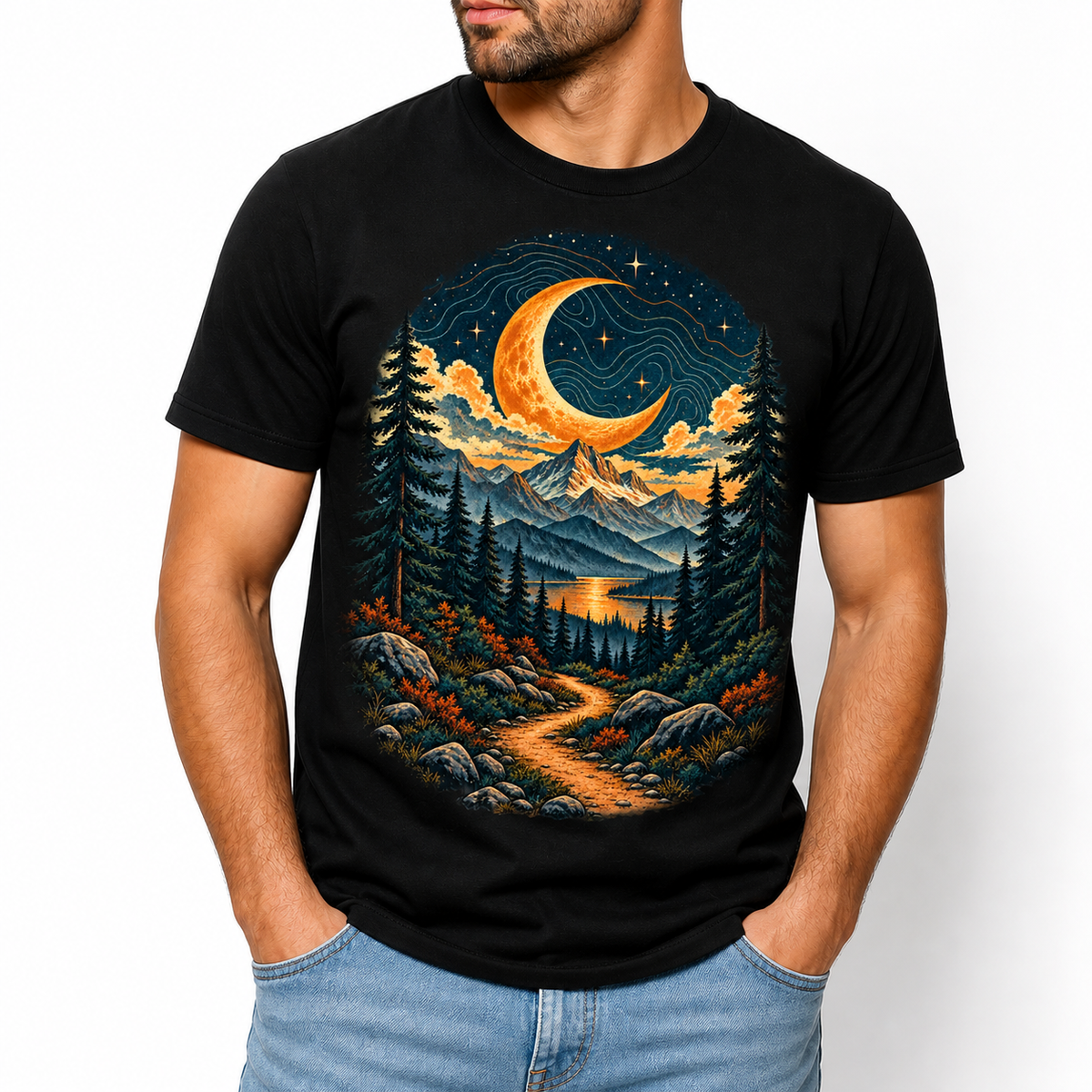 Men's forest moon graphic T-shirt styled with light blue jeans
