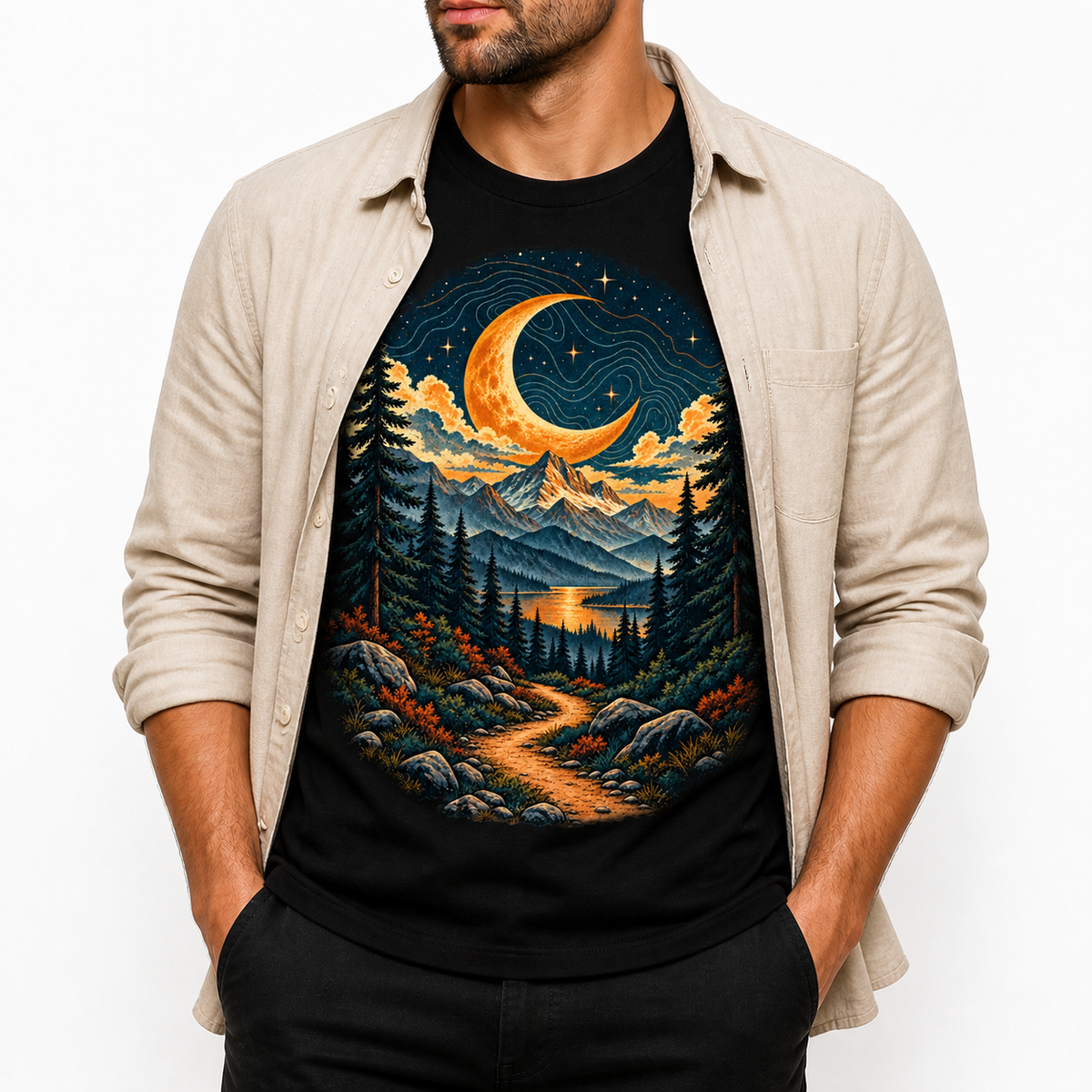 Men's forest moon graphic T-shirt layered with a beige overshirt