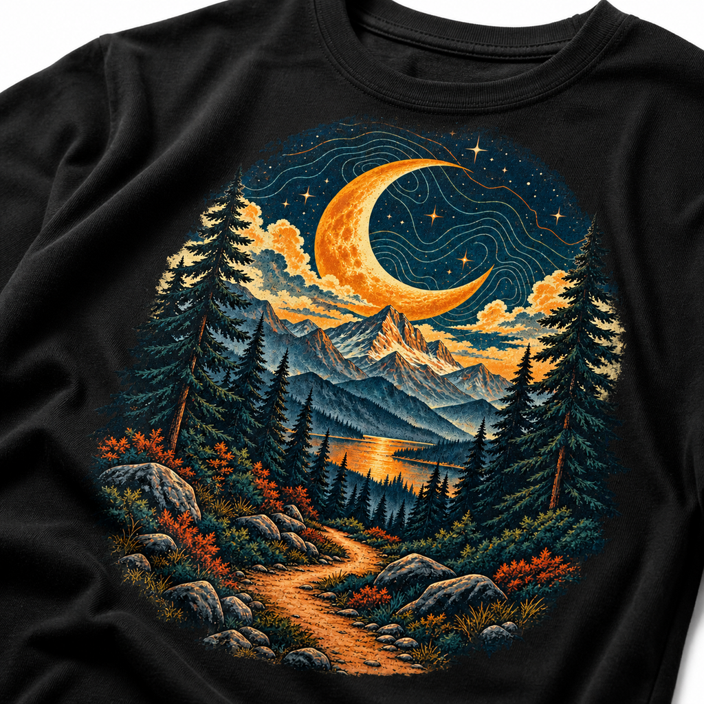 Original forest moon trail and sunset print detail