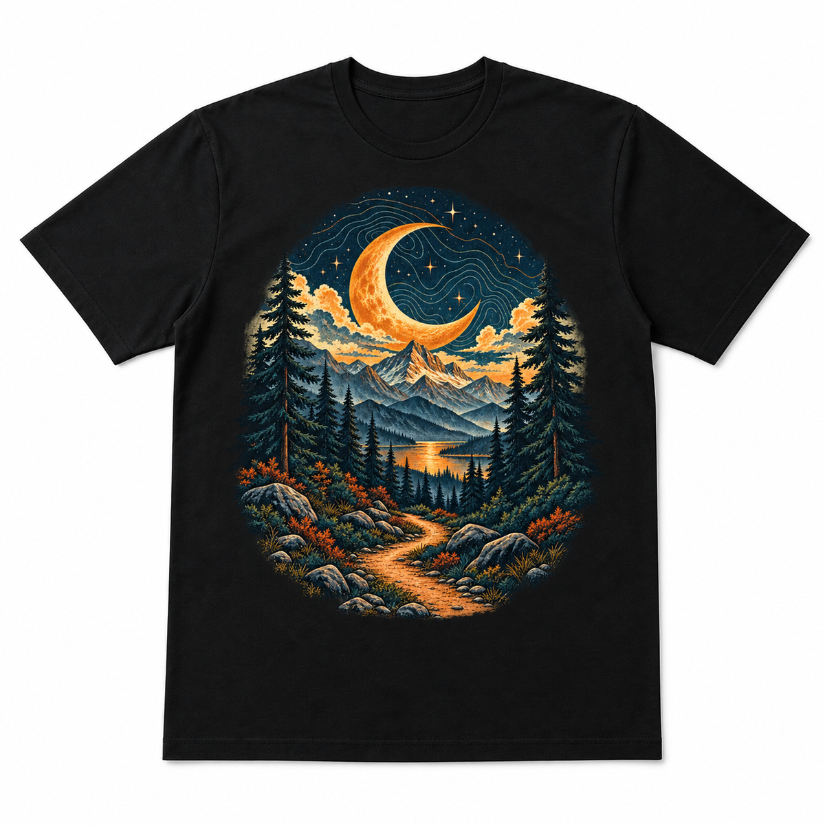 Men's black forest moon graphic T-shirt — white background flat lay