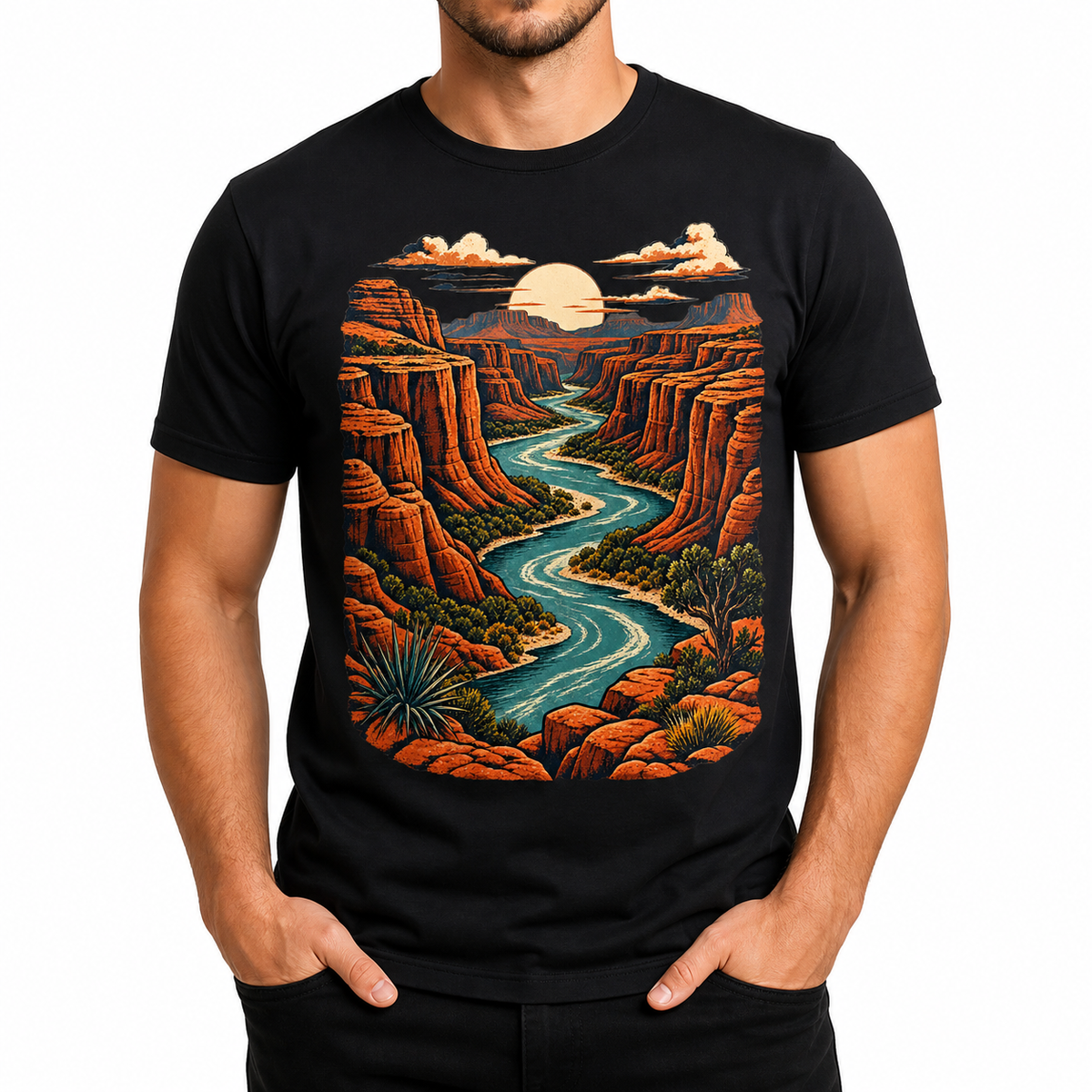 Men's canyon river journey graphic T-shirt — front model view