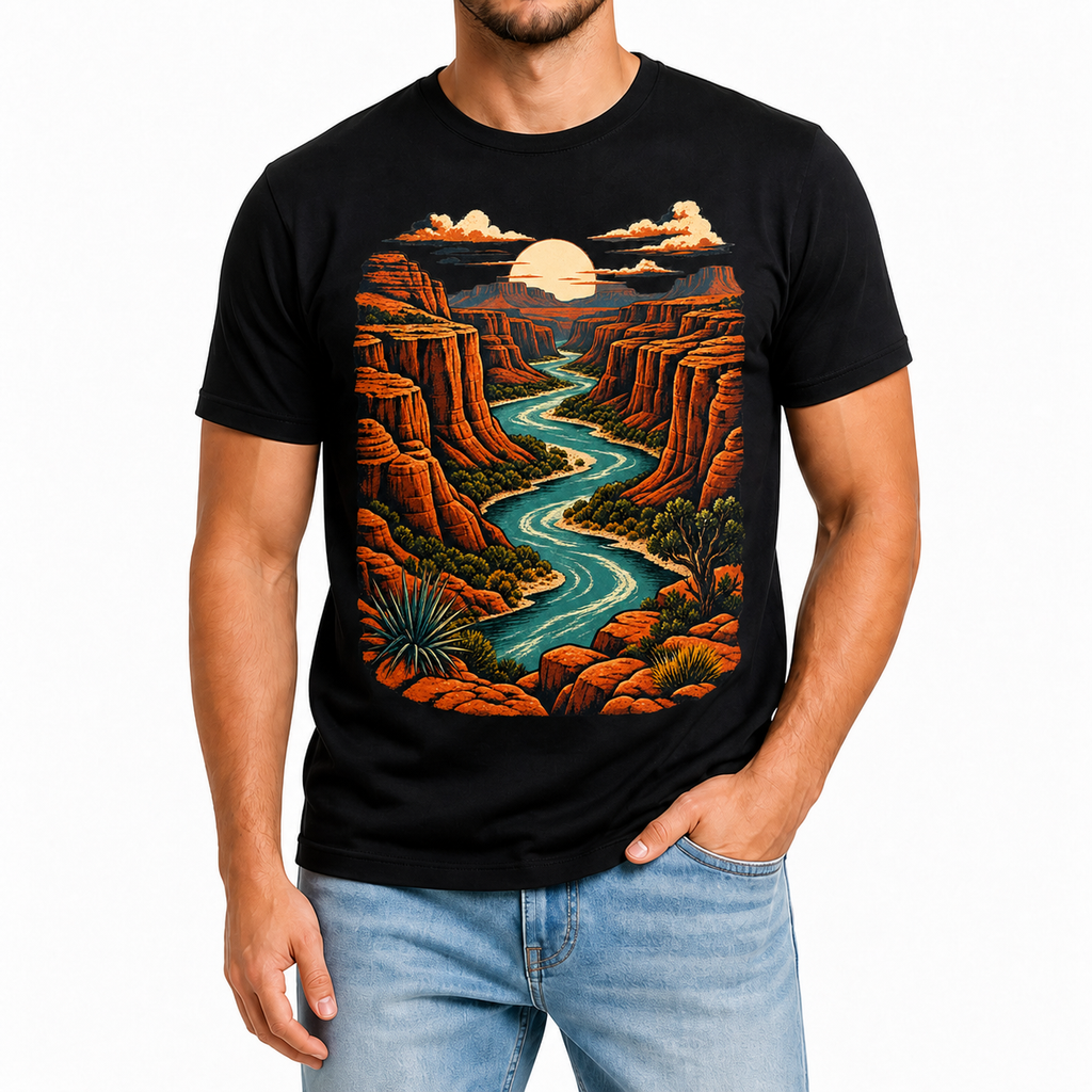 Men's canyon river graphic T-shirt styled with light blue jeans