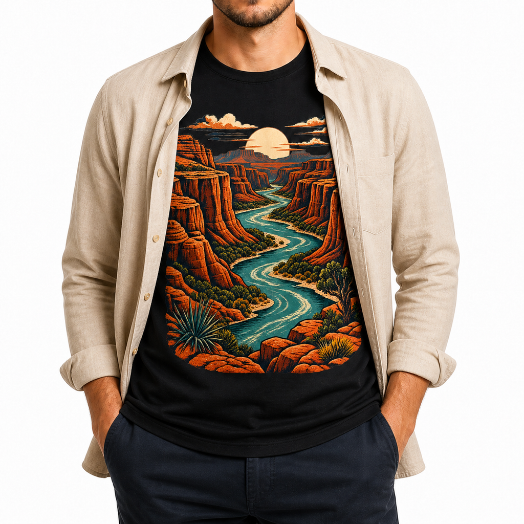 Men's canyon river graphic T-shirt layered with a beige overshirt