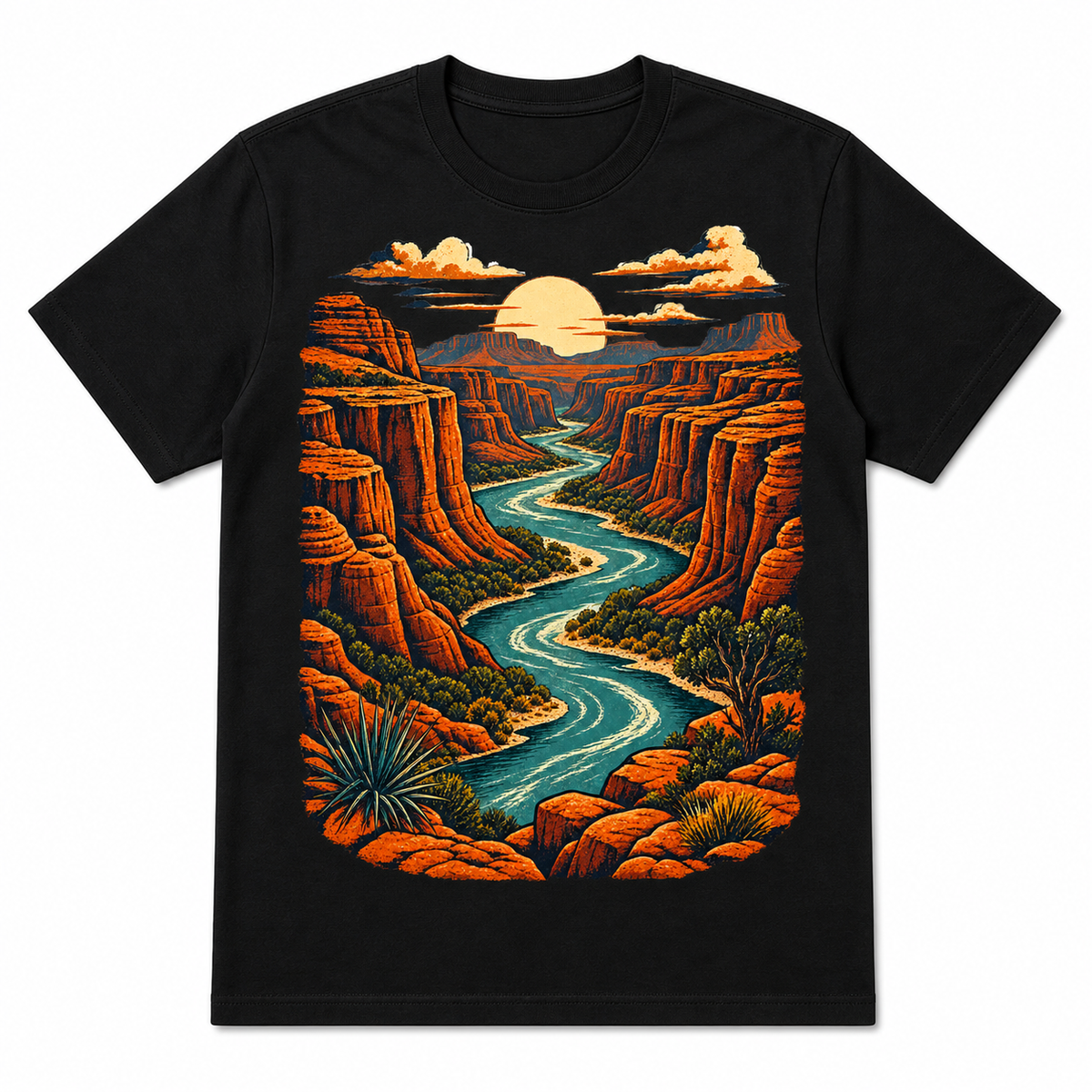 Men's black canyon river graphic T-shirt — white background flat lay