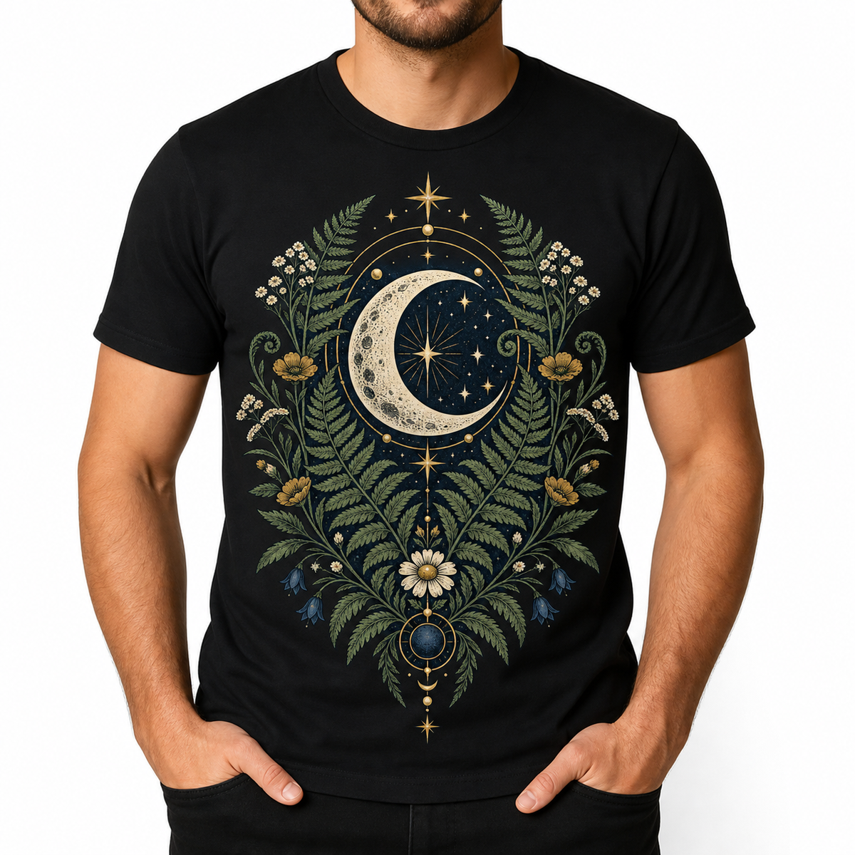 Men's celestial herbarium graphic T-shirt — front model view