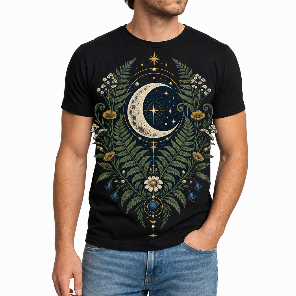 Men's celestial herbarium graphic T-shirt styled with light blue jeans