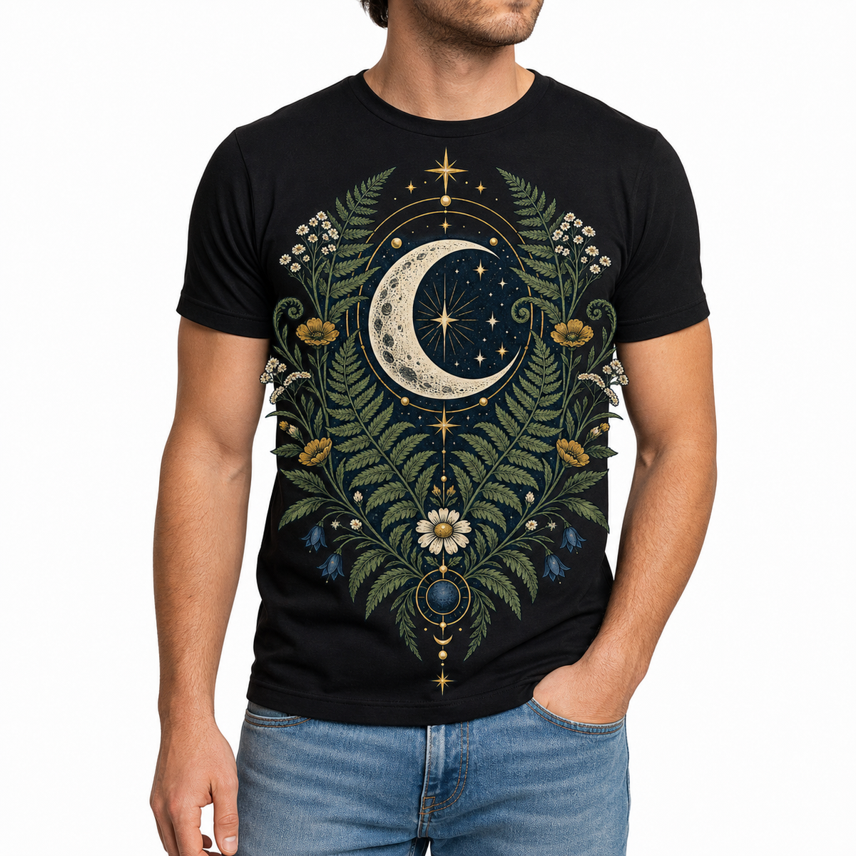 Men's celestial herbarium graphic T-shirt styled with light blue jeans
