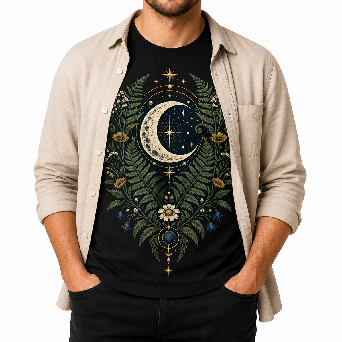 Men's celestial herbarium graphic T-shirt layered with a beige overshirt