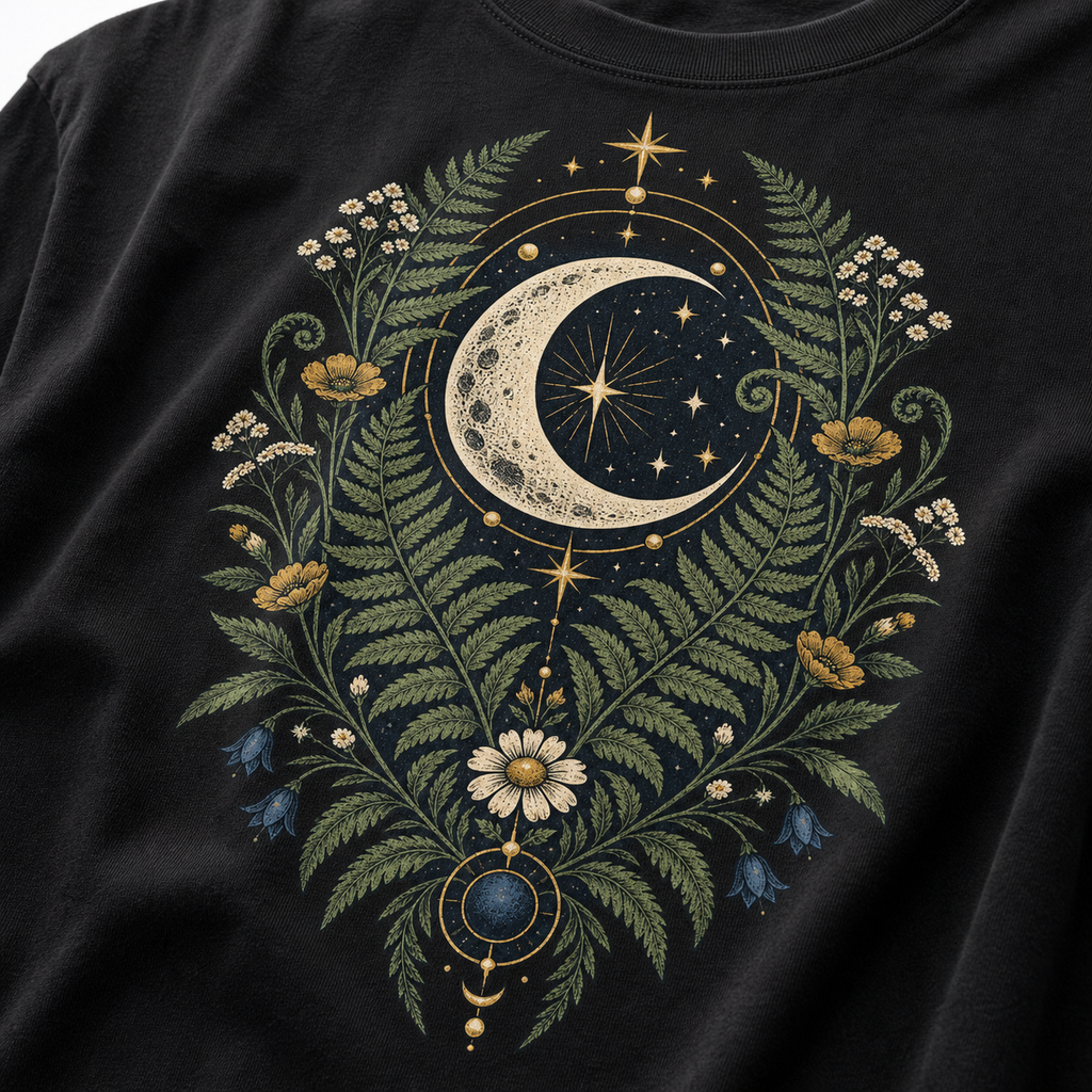 Original crescent moon, fern and wildflower print detail
