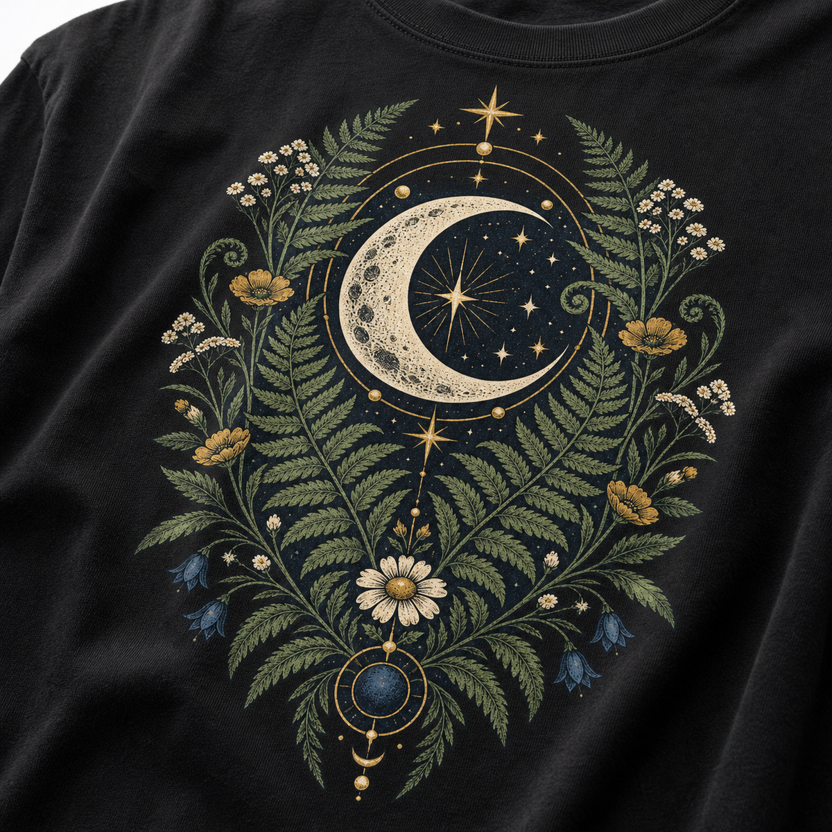 Original crescent moon, fern and wildflower print detail