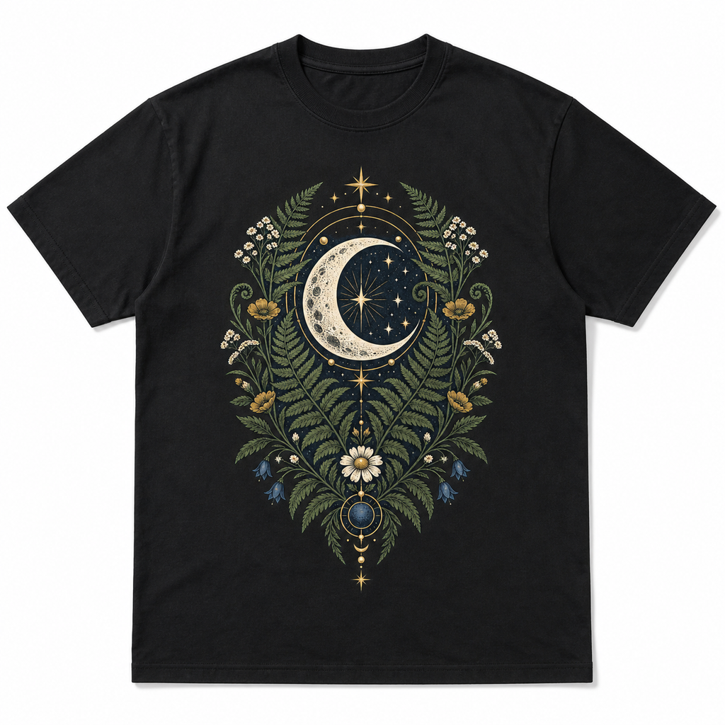 Men's black celestial herbarium graphic T-shirt — white background flat lay