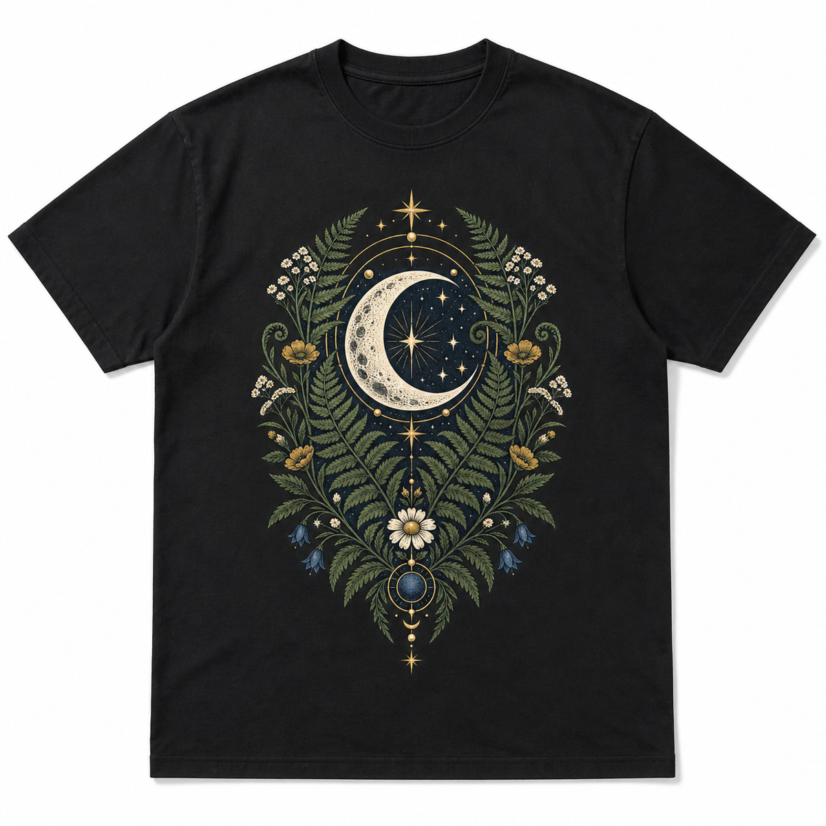 Men's black celestial herbarium graphic T-shirt — white background flat lay