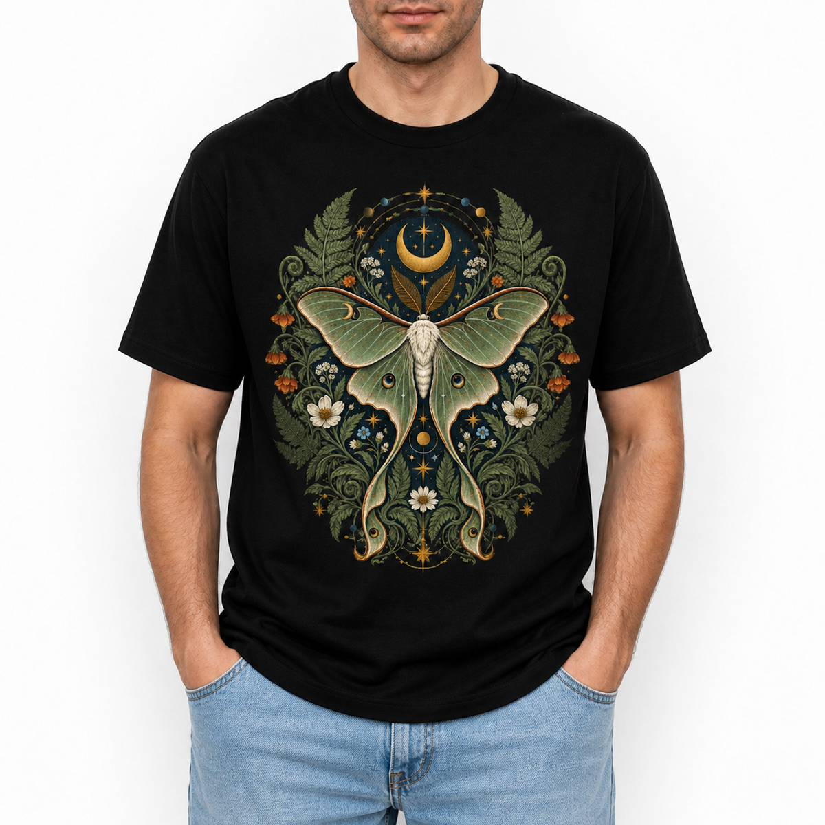 Men's lunar moth garden graphic T-shirt styled with light blue jeans