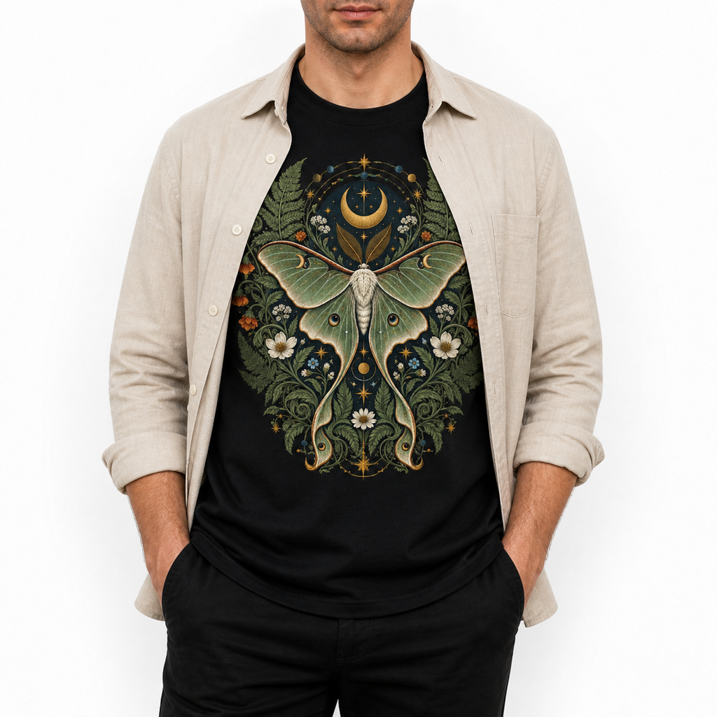 Men's lunar moth garden graphic T-shirt layered with a beige overshirt