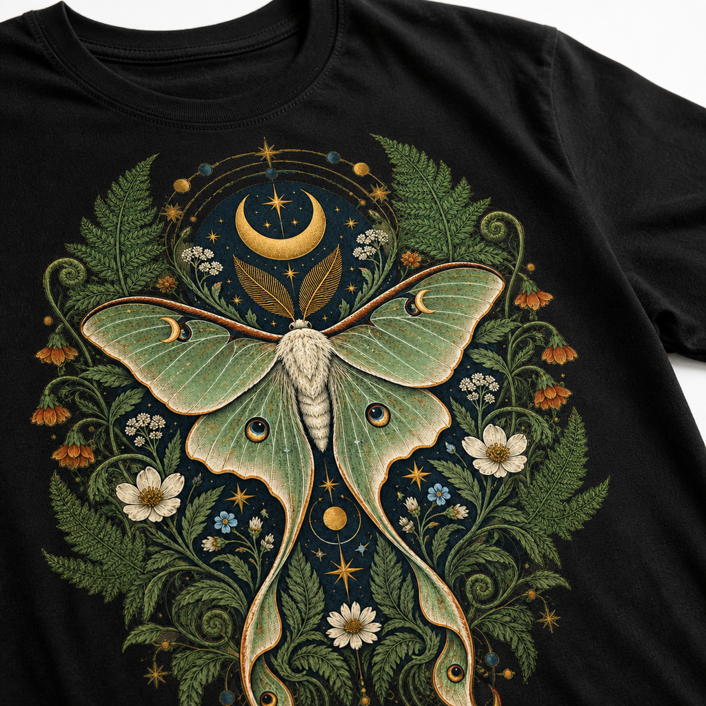 Original lunar moth, fern, wildflower and moon print detail