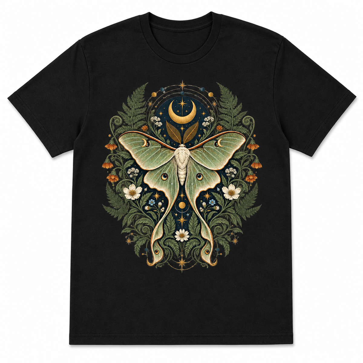 Men's black lunar moth garden graphic T-shirt — white background flat lay