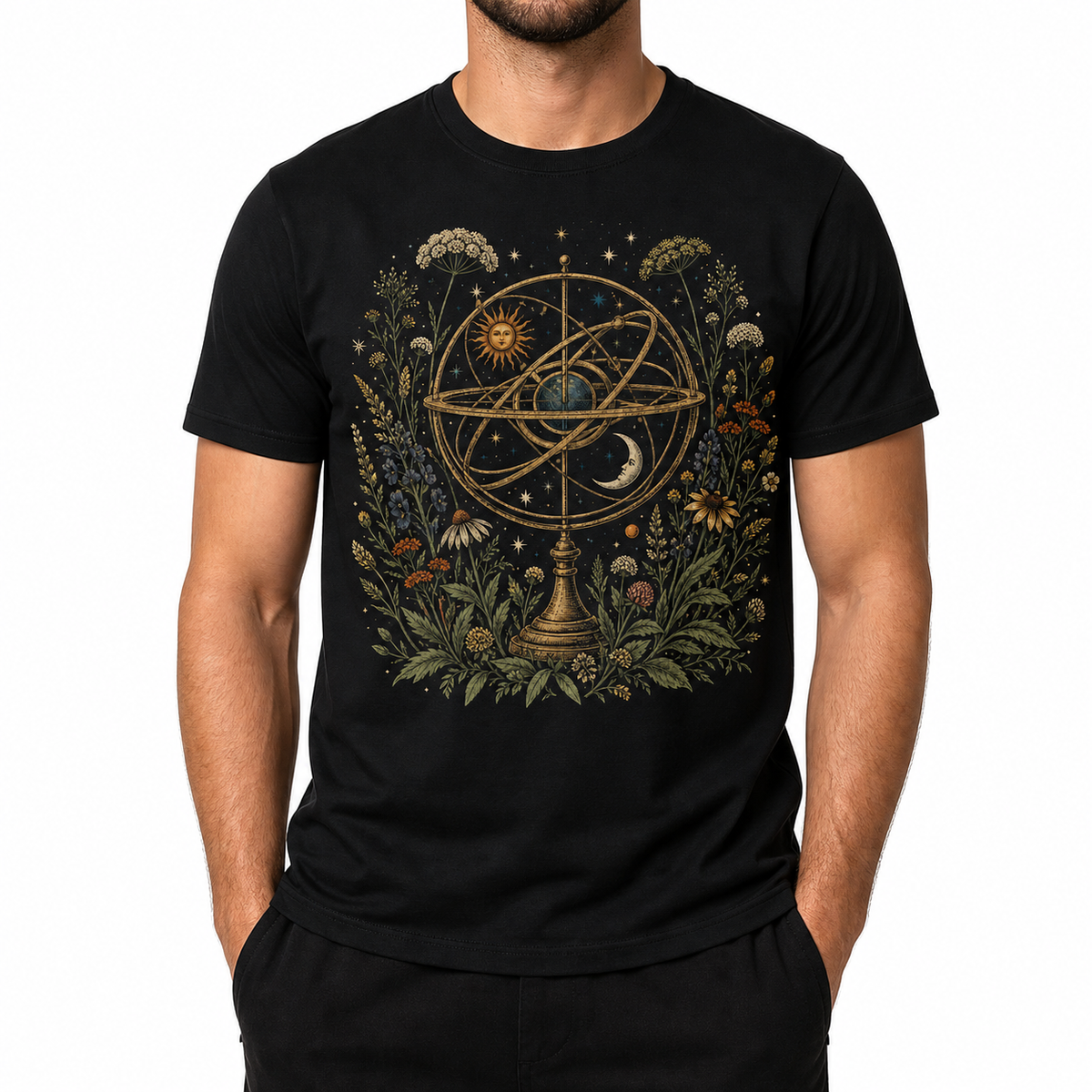 Men's orbiting wildflowers graphic T-shirt — front model view