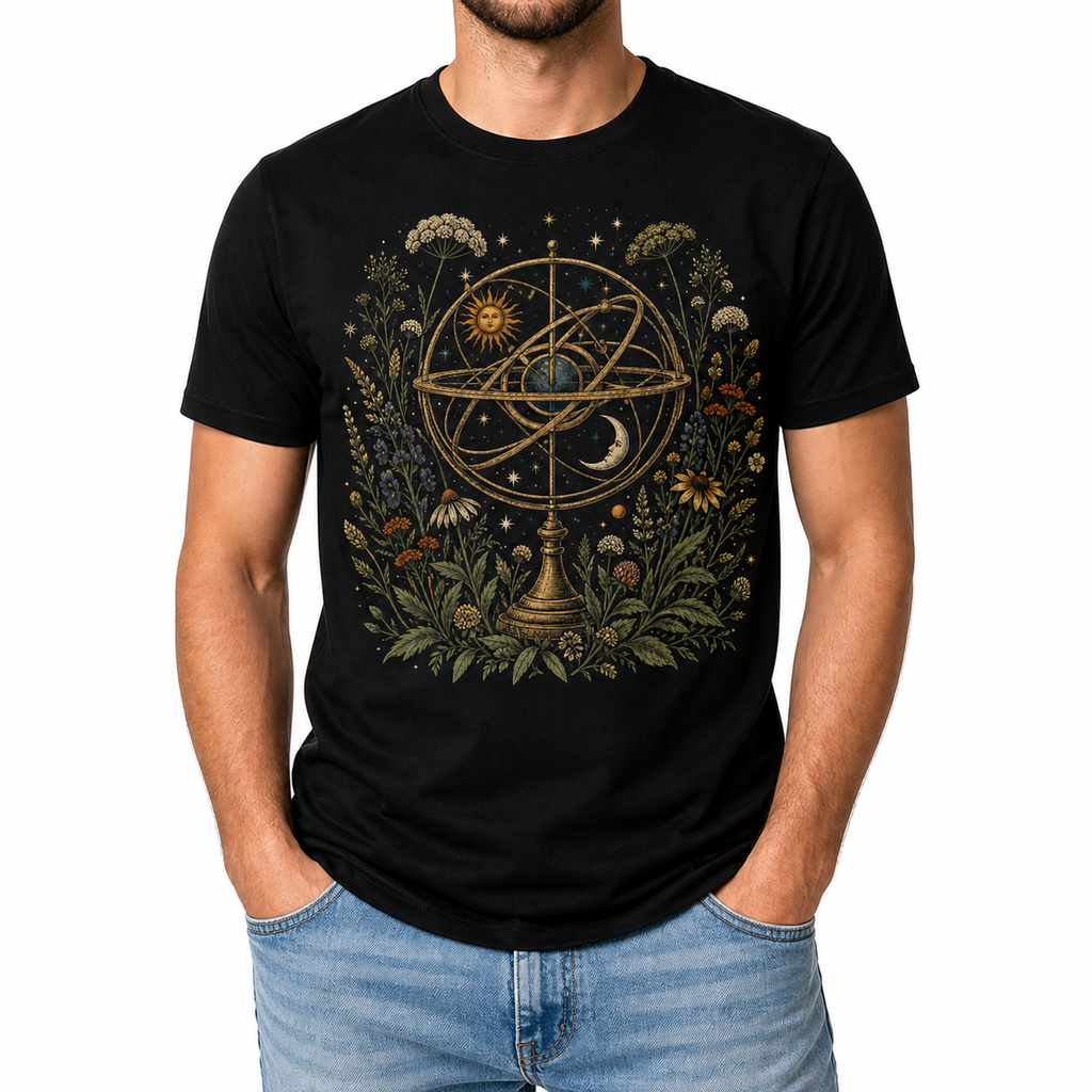 Men's orbiting wildflowers graphic T-shirt styled with light blue jeans