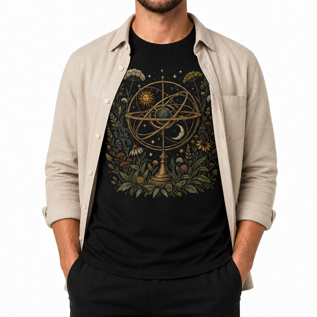 Men's orbiting wildflowers graphic T-shirt layered with a beige overshirt