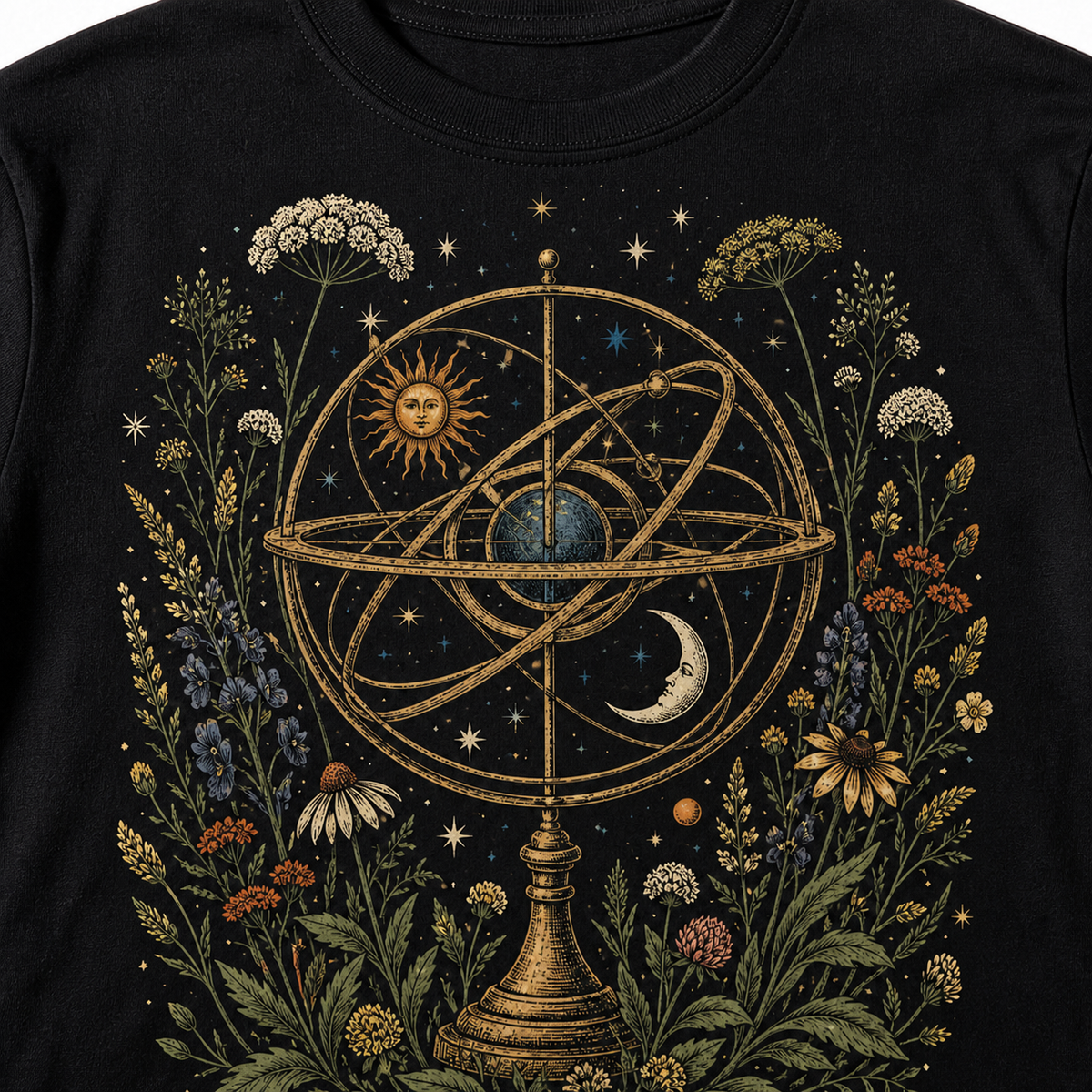 Original armillary sphere, wildflower, sun and moon print detail