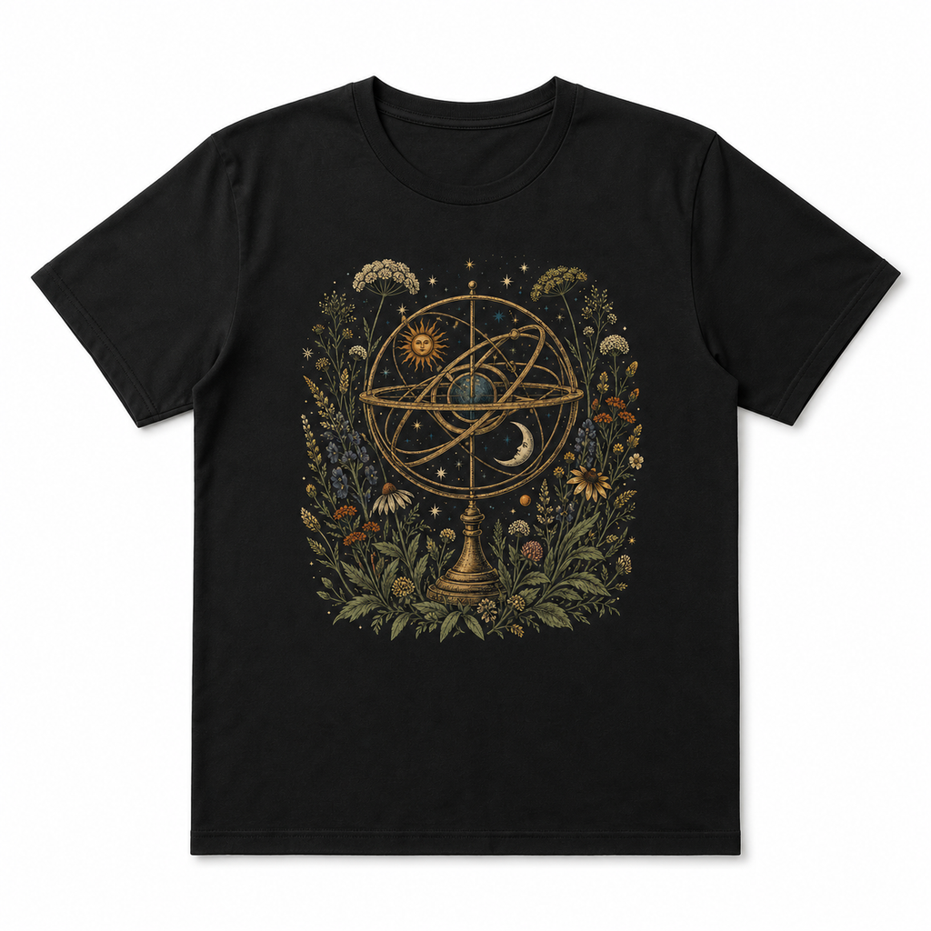 Men's black orbiting wildflowers graphic T-shirt — white background flat lay
