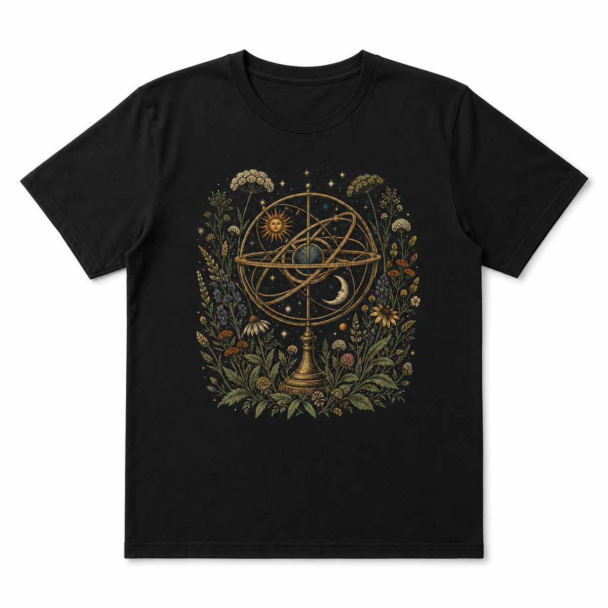 Men's black orbiting wildflowers graphic T-shirt — white background flat lay