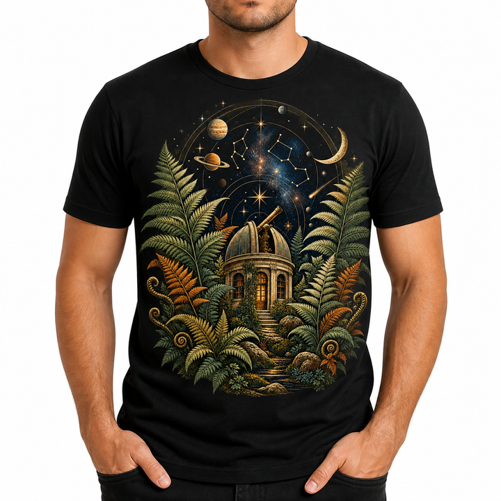 Men's astral fern observatory graphic T-shirt — front model view