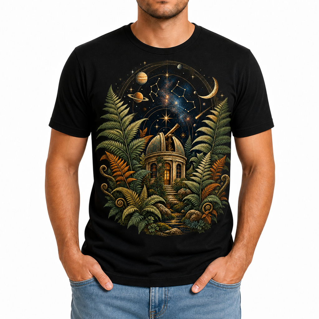 Men's astral fern observatory graphic T-shirt styled with light blue jeans