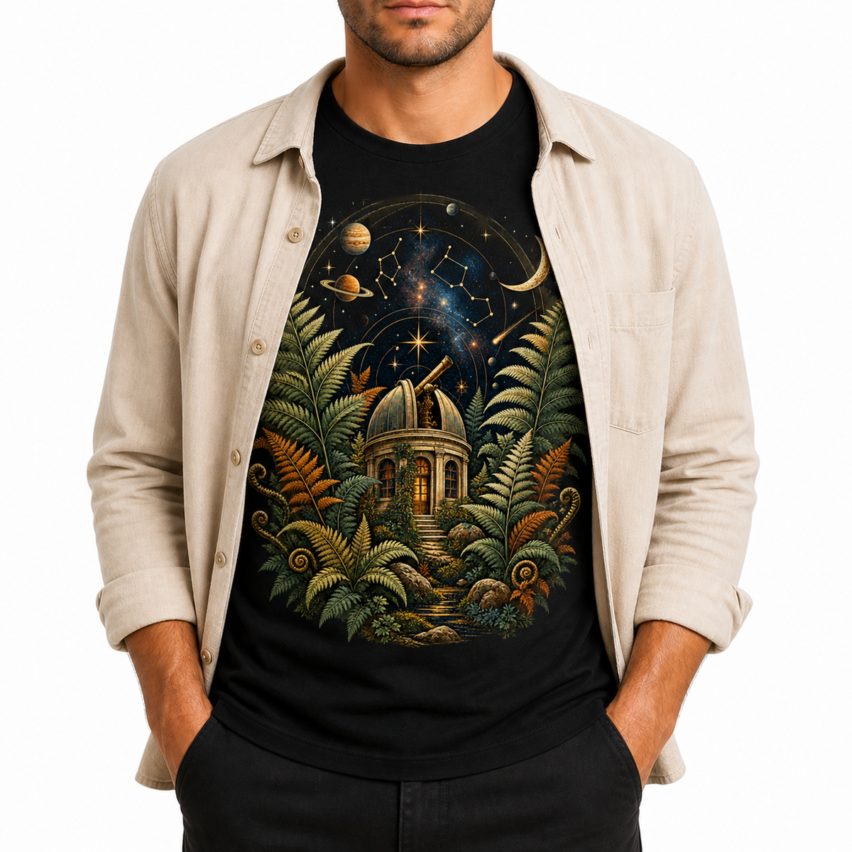 Men's astral fern observatory graphic T-shirt layered with a beige overshirt