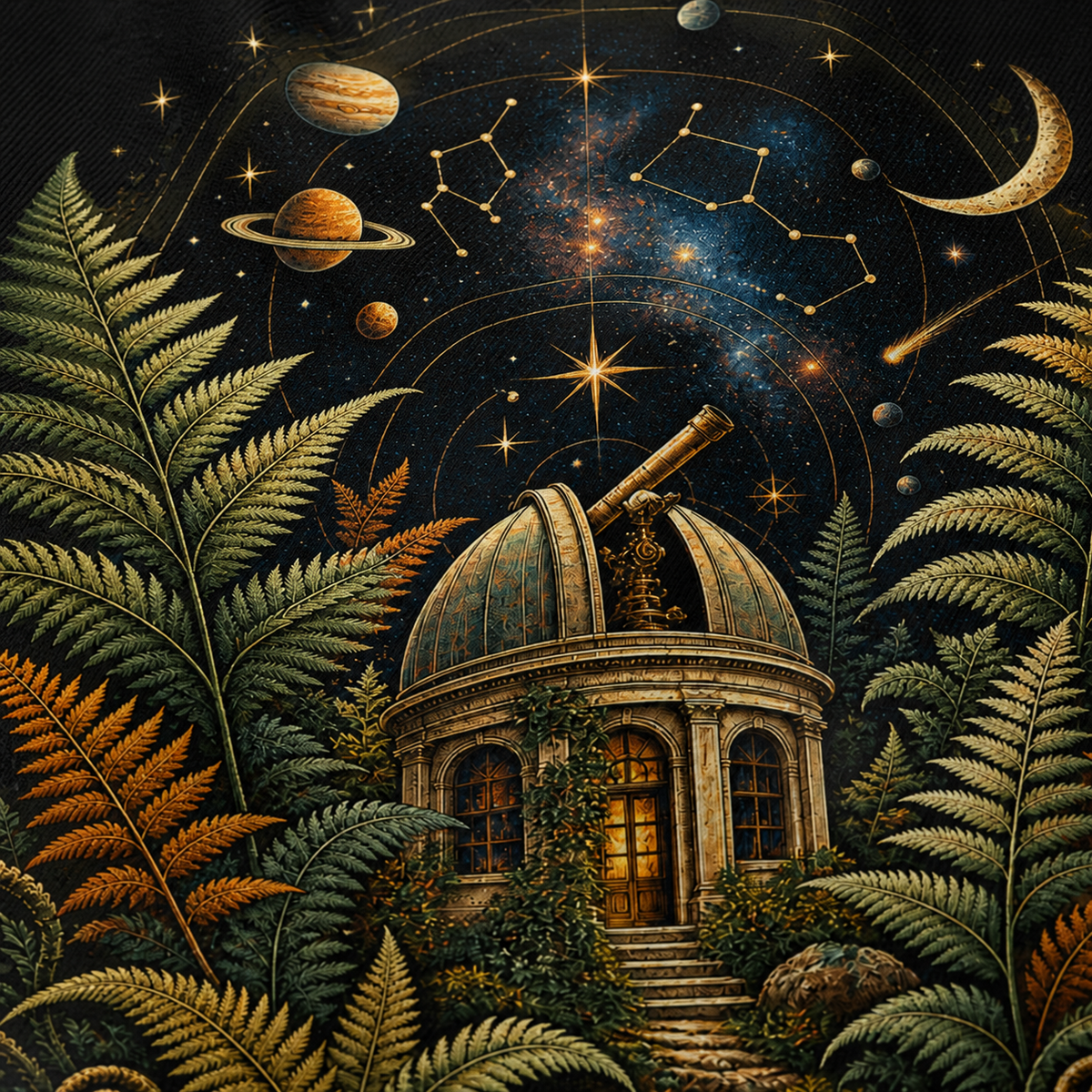 Original observatory, telescope, fern and constellation print detail
