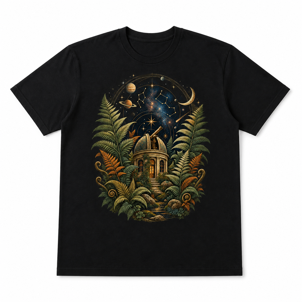 Men's black astral fern observatory graphic T-shirt — white background flat lay