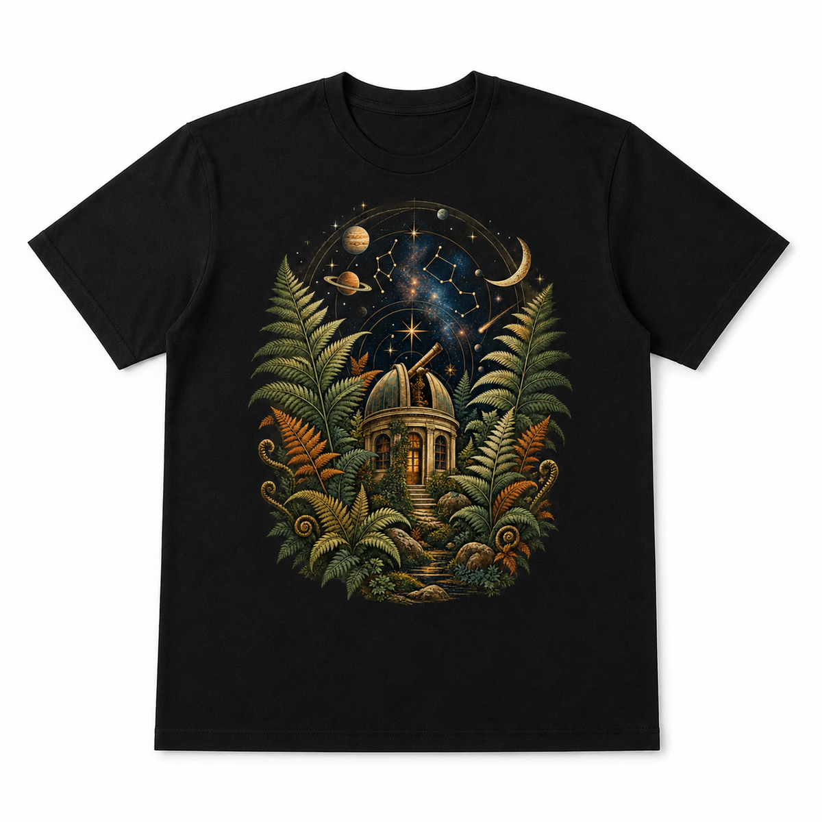 Men's black astral fern observatory graphic T-shirt — white background flat lay