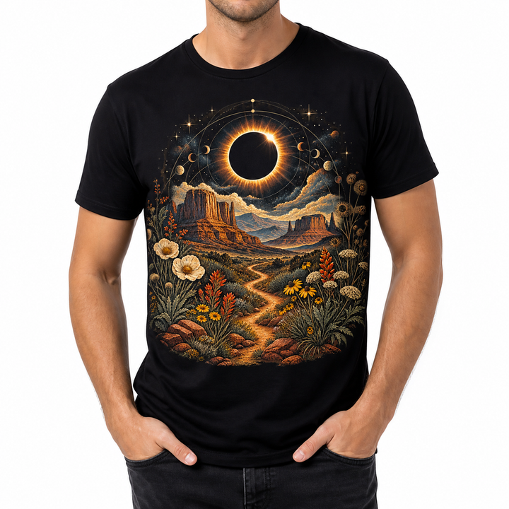 Men's eclipse desert bloom graphic T-shirt — front model view