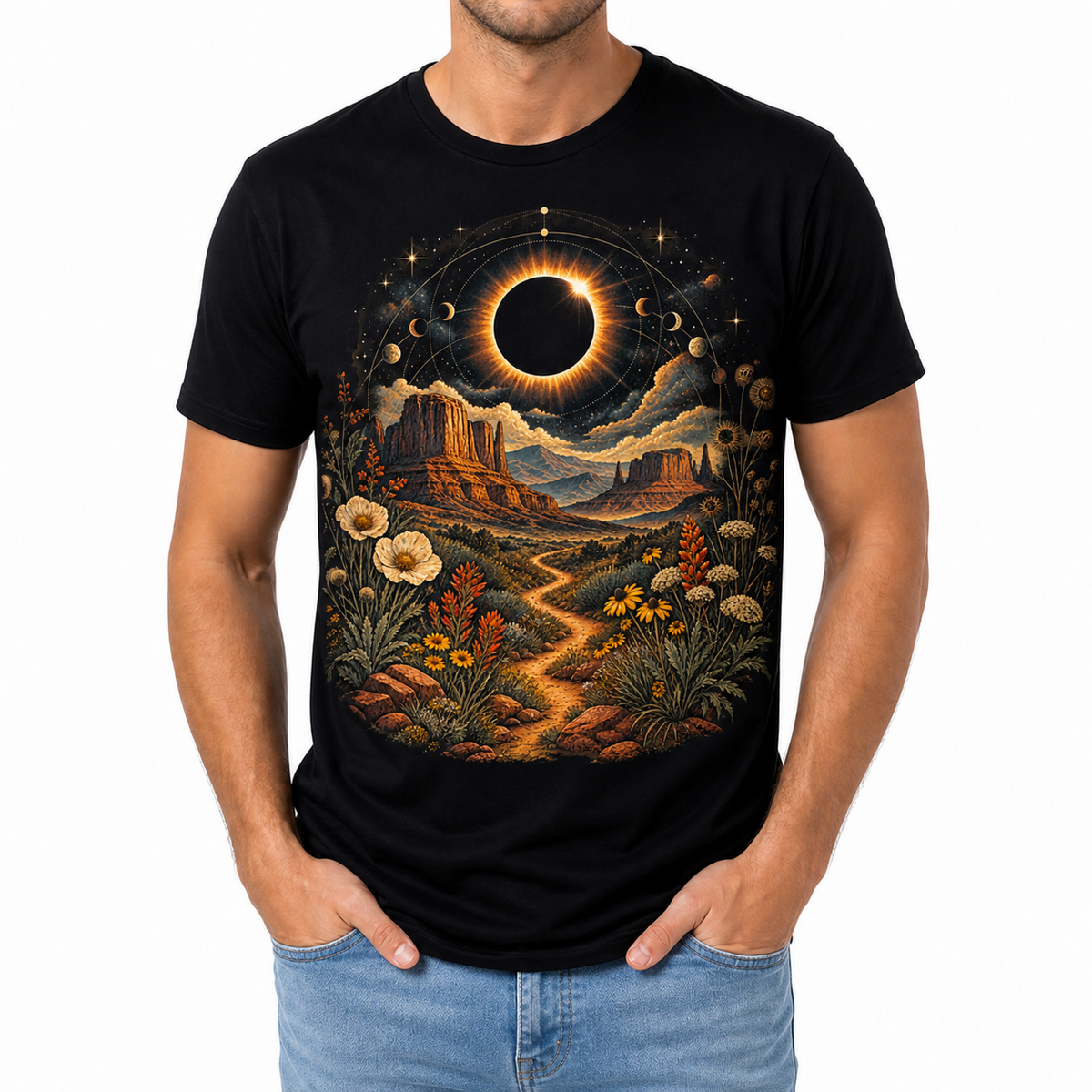 Men's eclipse desert bloom graphic T-shirt styled with light blue jeans