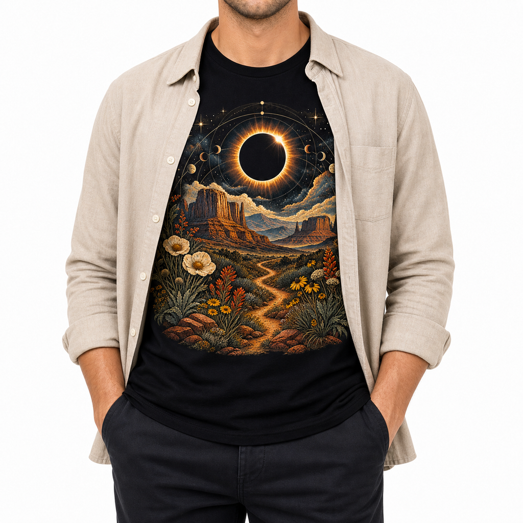 Men's eclipse desert bloom graphic T-shirt layered with a beige overshirt