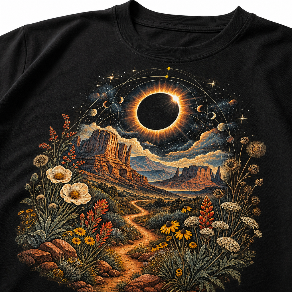 Original solar eclipse, desert mesa, trail and wildflower print detail