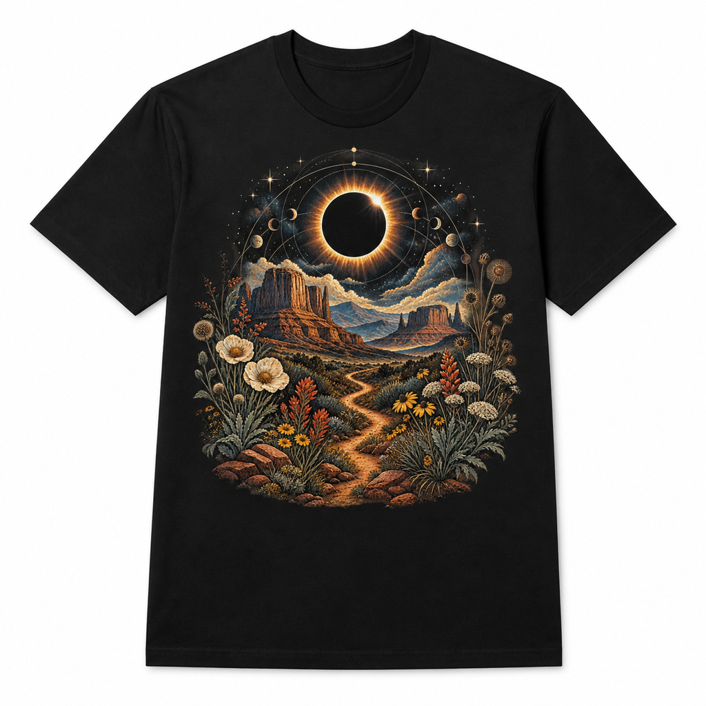 Men's black eclipse desert bloom graphic T-shirt — white background flat lay