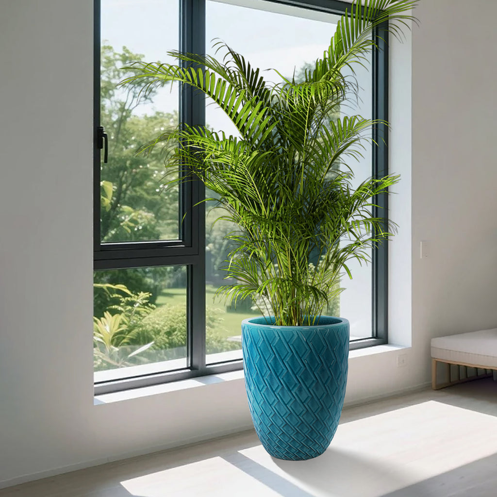 Handmade Ceramic Planter Pot, 17 Inch Diameter, 1 Piece, Teal Cyan with Falling Diamond , for Monstera Deliciosa and Fiddle Leaf Fig, Indoor/Outdoor Doorway Use, Breathable Clay