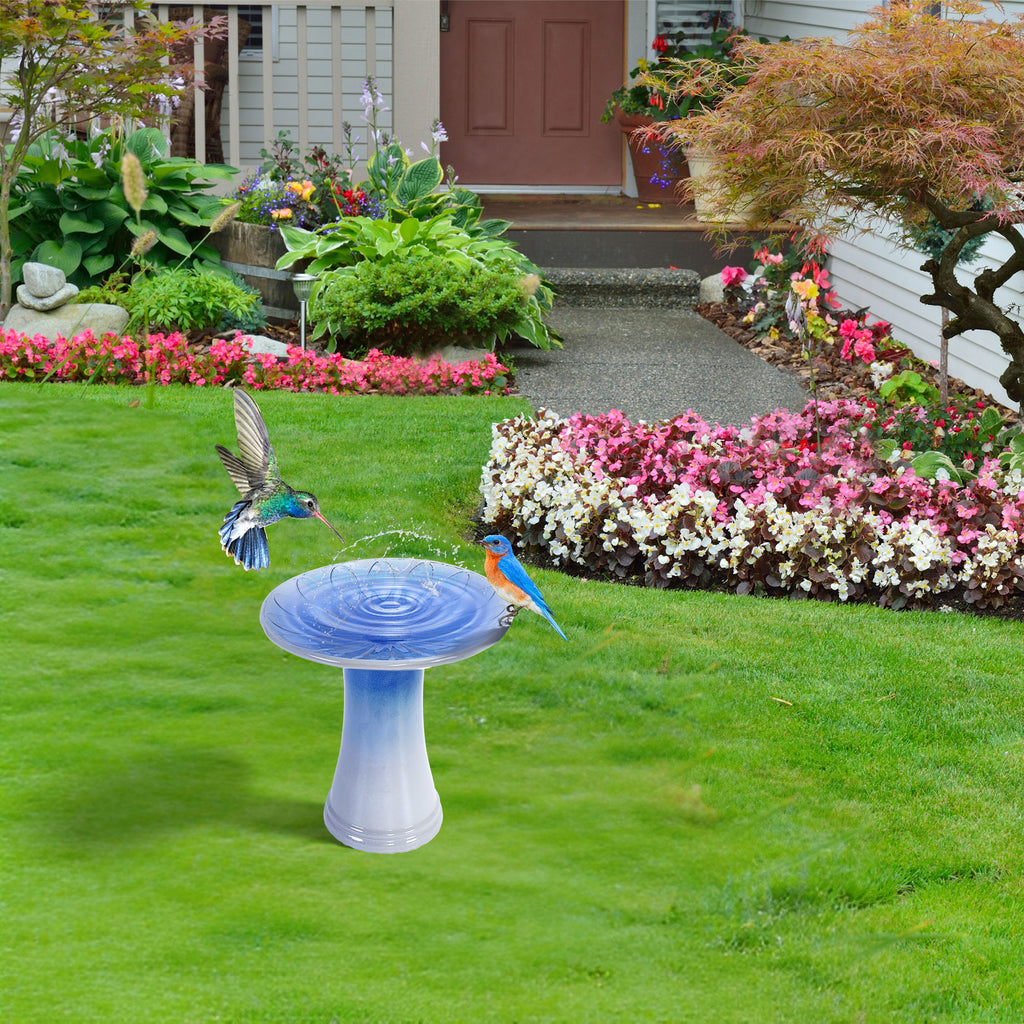 Handmade glazed ceramic bird bath, 17" daisy petal embossed tray & 18" pedestal base, light grey to sapphire blue ombre gradient glaze outdoor bird feeder for yard, lawn, patio & backyard