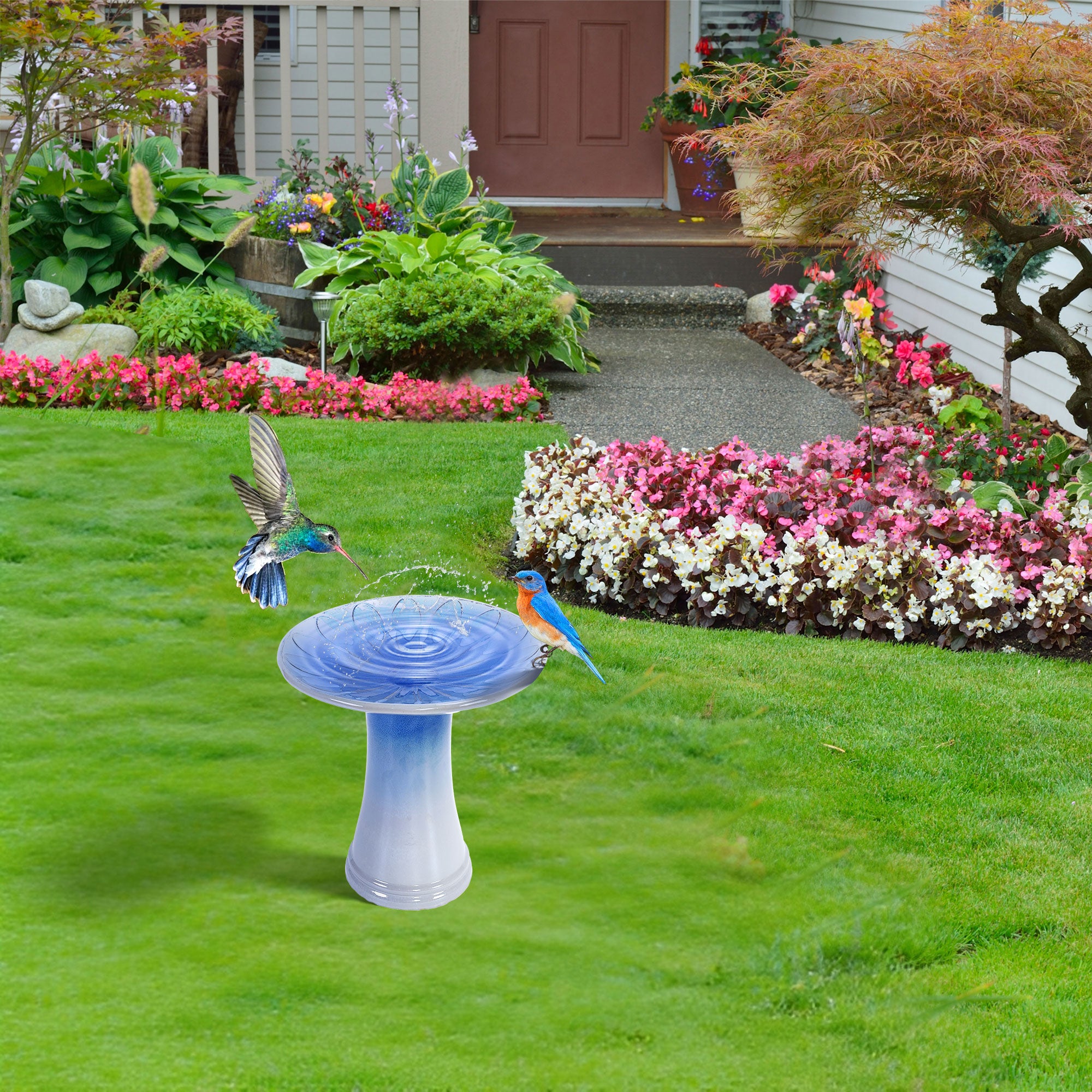 Handmade glazed ceramic bird bath, 17" daisy petal embossed tray & 18" pedestal base, light grey to sapphire blue ombre gradient glaze outdoor bird feeder for yard, lawn, patio & backyard
