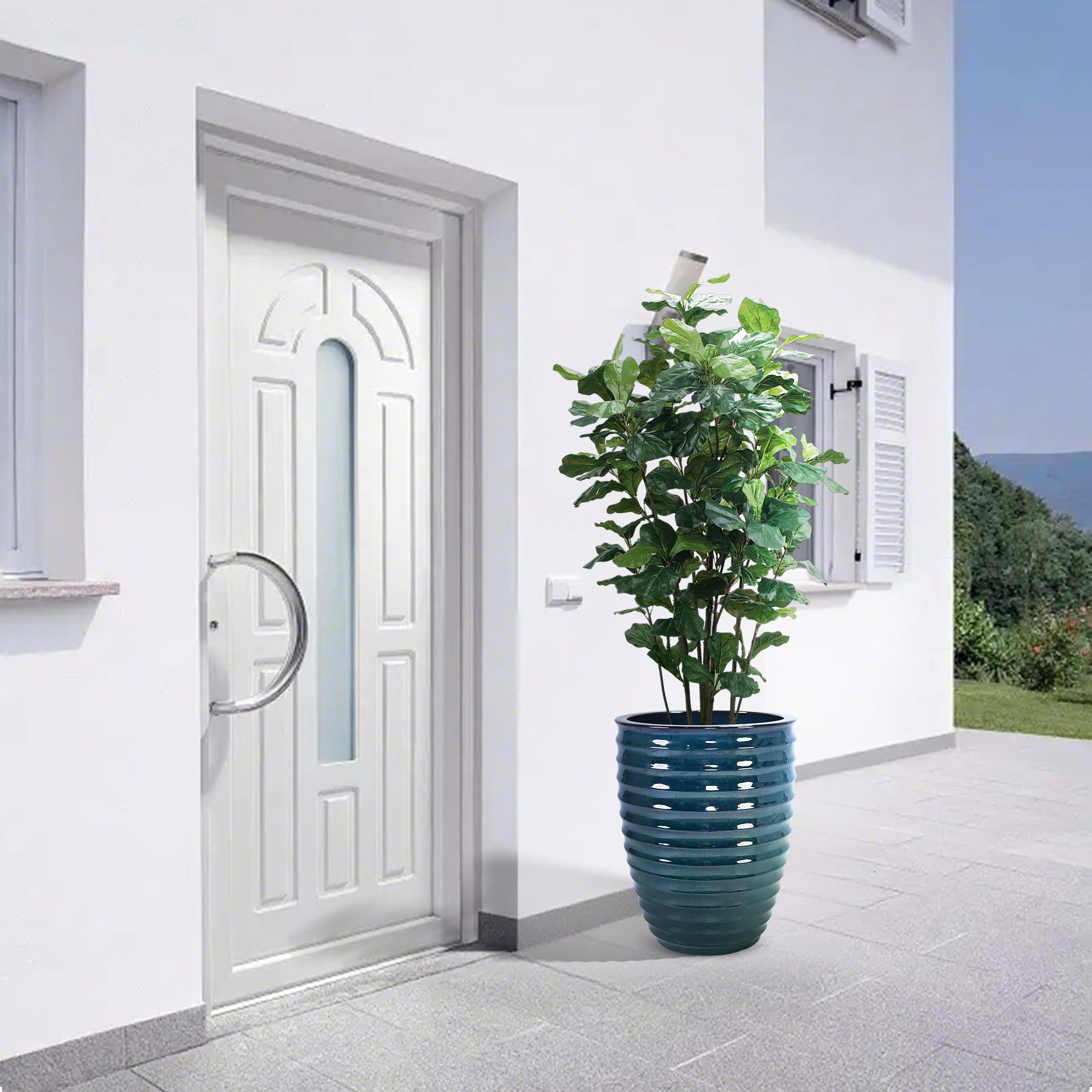 Handmade Deep Green Ceramic Planter, 17 Inch Diameter, 1 Piece, Horizontal Ripples Pattern, for Monstera and Fiddle Leaf Fig, Indoor & Outdoor Doorway Use, Breathable Clay
