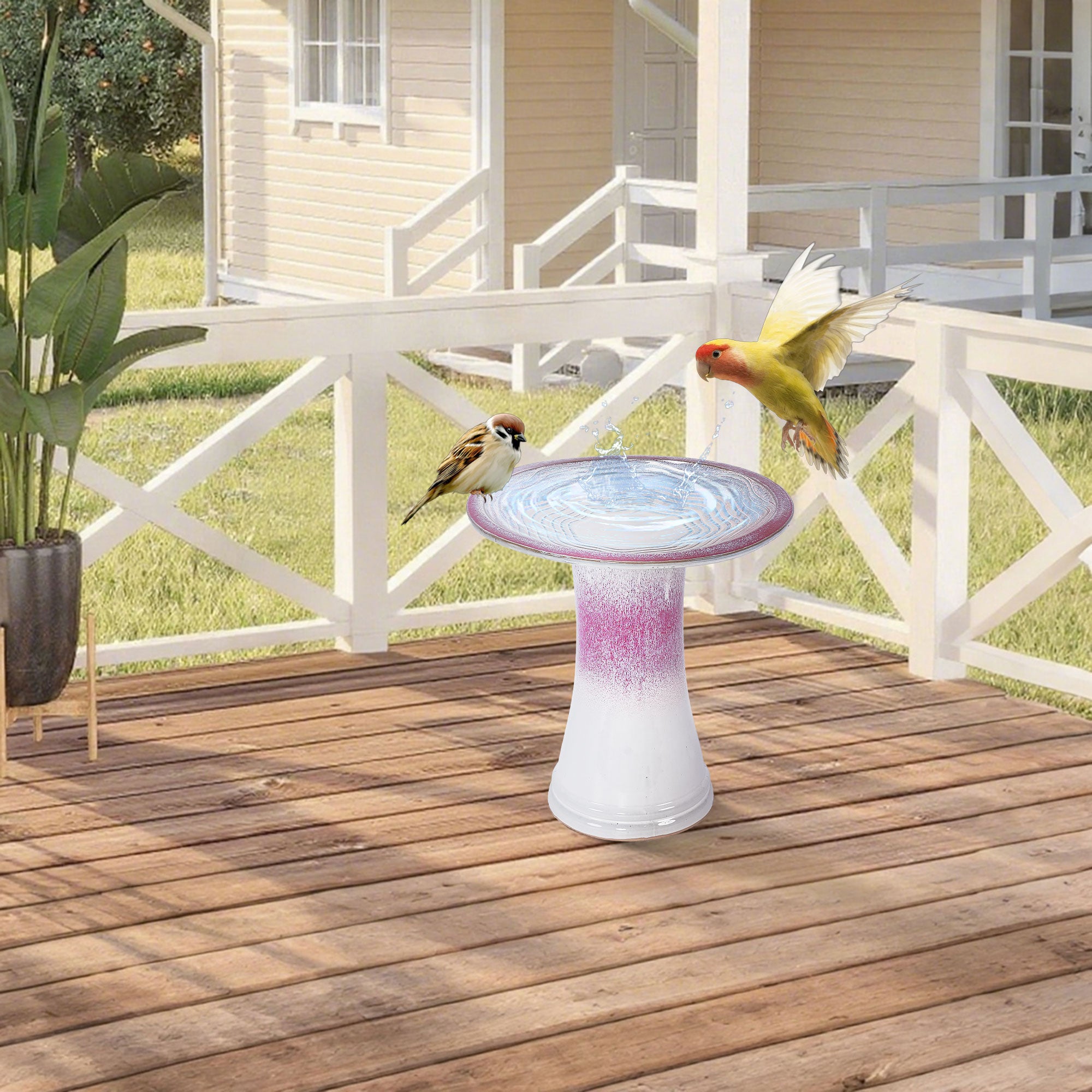 Handmade glazed ceramic bird bath, 17" concentric ripple embossed tray & 18" pedestal base, white to rose ombre gradient glaze outdoor bird feeder for yard, lawn, patio & backyard